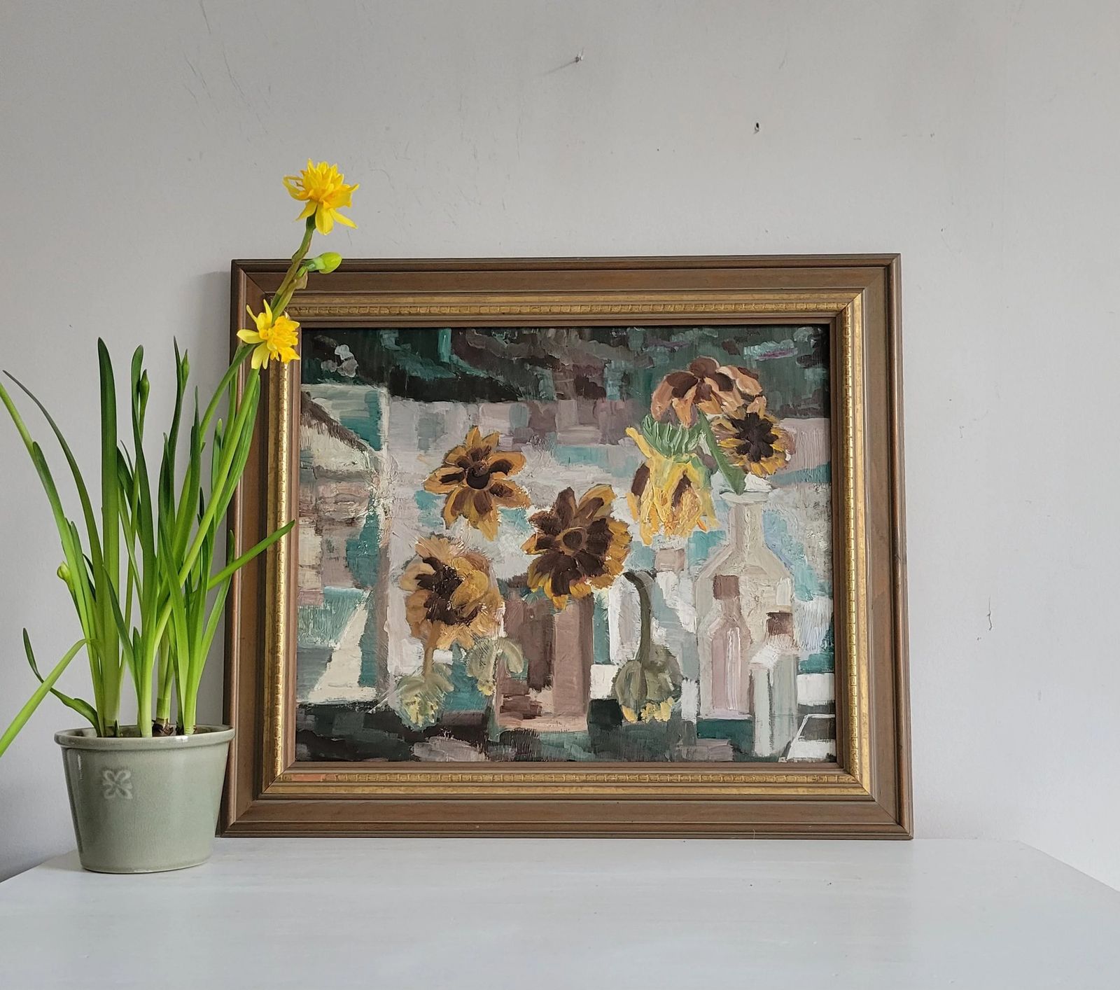 photo for sale Original Framed Vintage Mid Century Swedish Expressionist Landscape Sunflowers And Glass Bottles