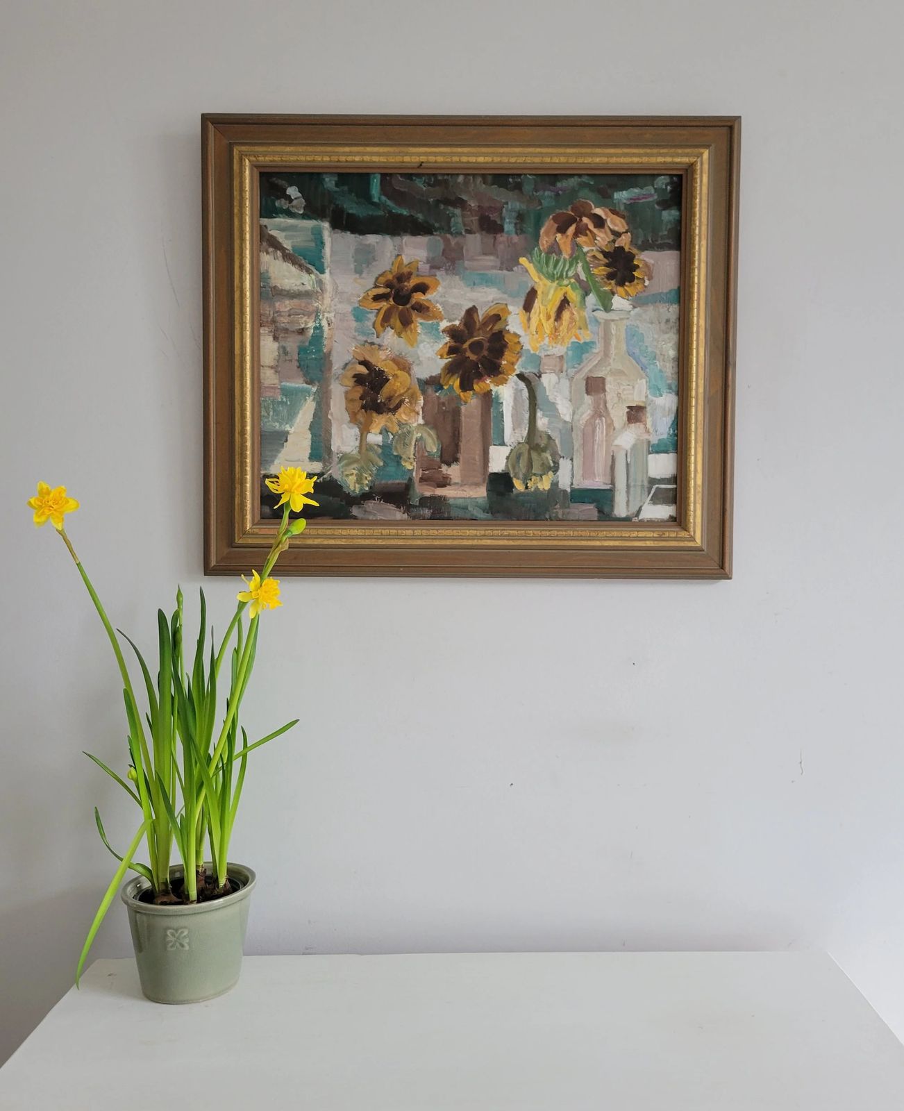 985.0 Original Framed Vintage Mid Century Swedish Expressionist Landscape Sunflowers And Glass Bottles photo