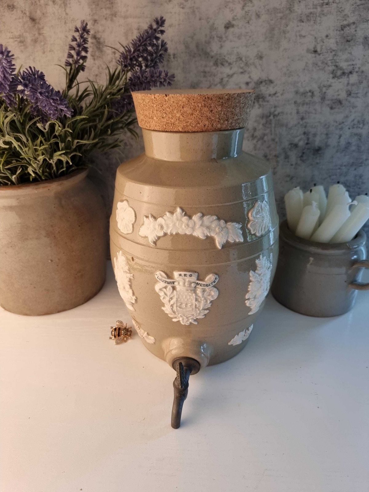 Antique French Stoneware Vinegar Pot – Parisian Coat Of Arms Dispensing Jug photo furniture