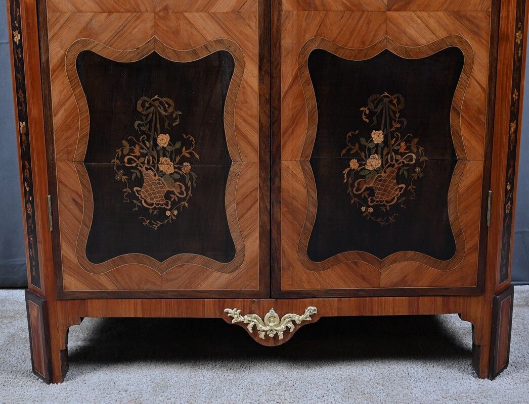photo for sale Display Cabinet In Marquetry Of Precious Woods, Louis XV Louis XVI Transition Style – First Half Of The 19th Century