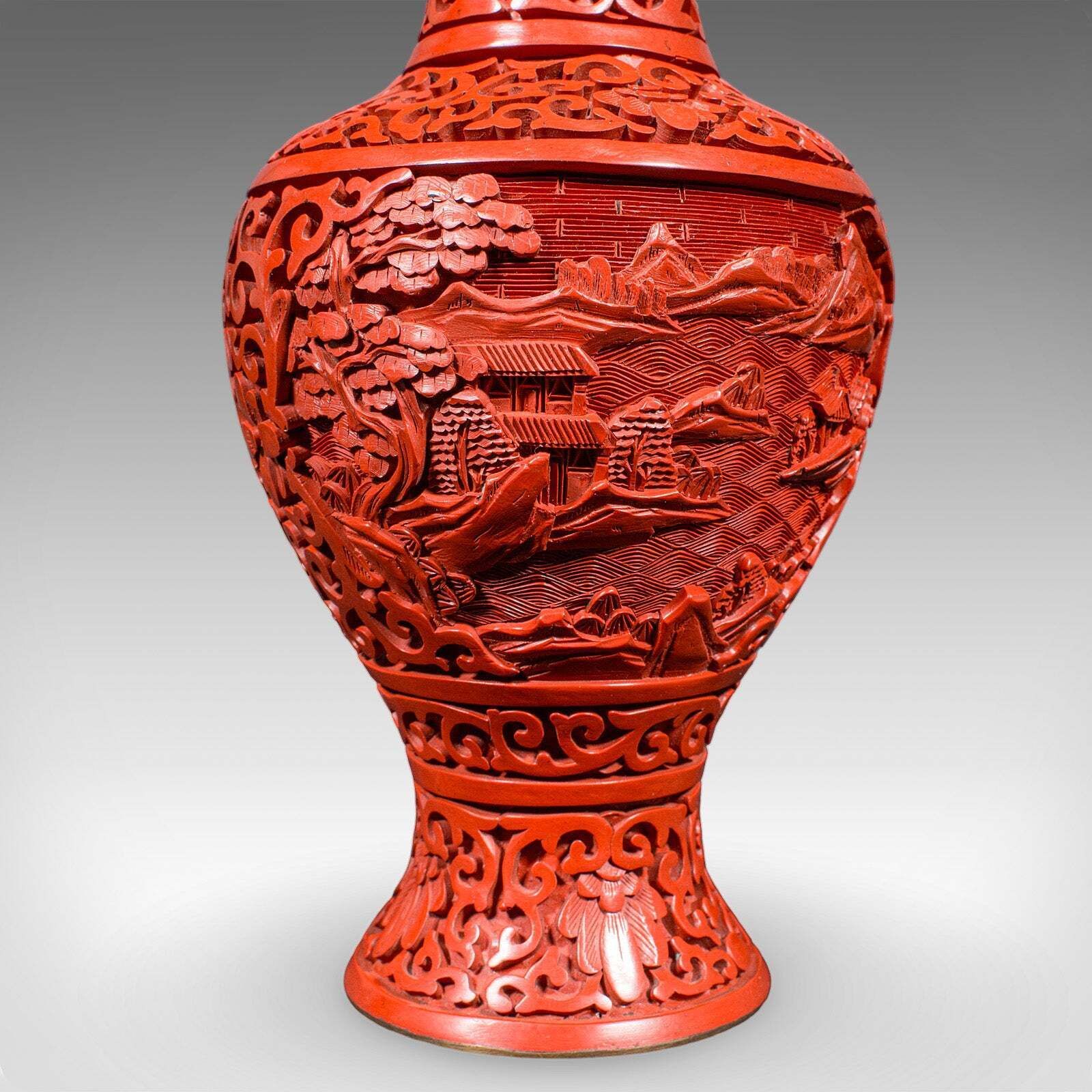 Home Decor Pair Of Vintage Cinnabar Baluster Vases, Oriental, Lacquer, Cloisonne, Posy Urn photo