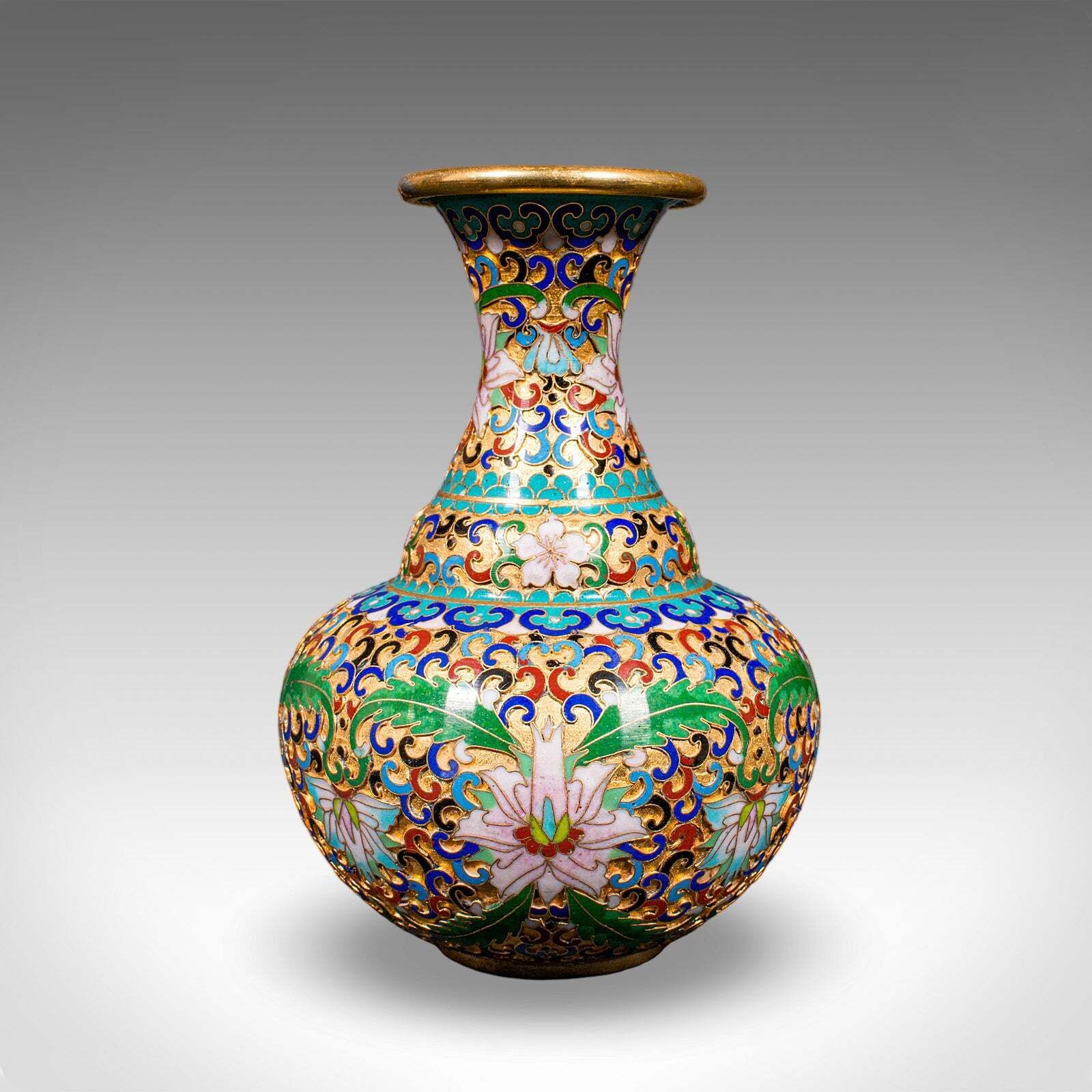 Pair Of Small Vintage Baluster Form Vases, Oriental, Cloisonne, Posy Urn, C.1970 photo vintage