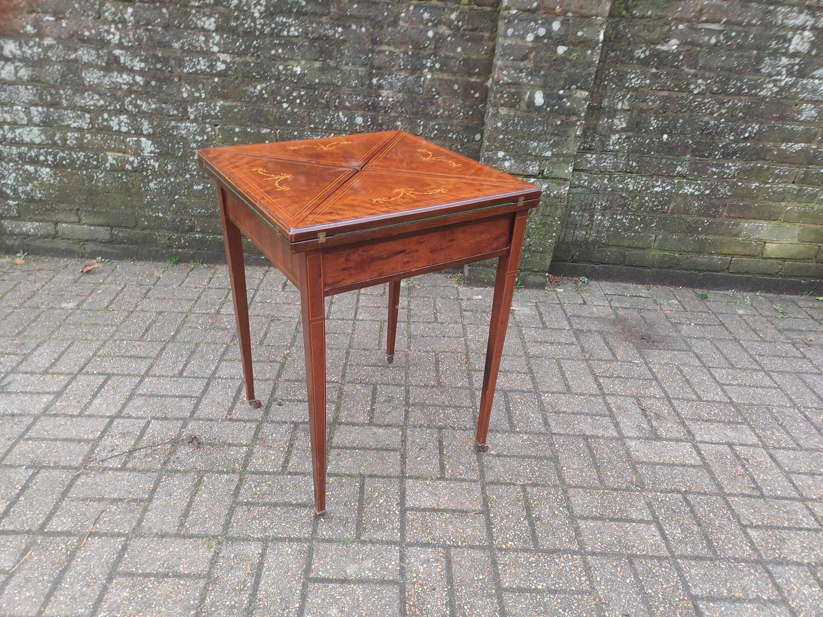 Victorian Mahogany Games Table Folding Swivel Top Card Table Ribbon Inlay Brass Porcelain Casters Antique Side Table Free Hand Delivery