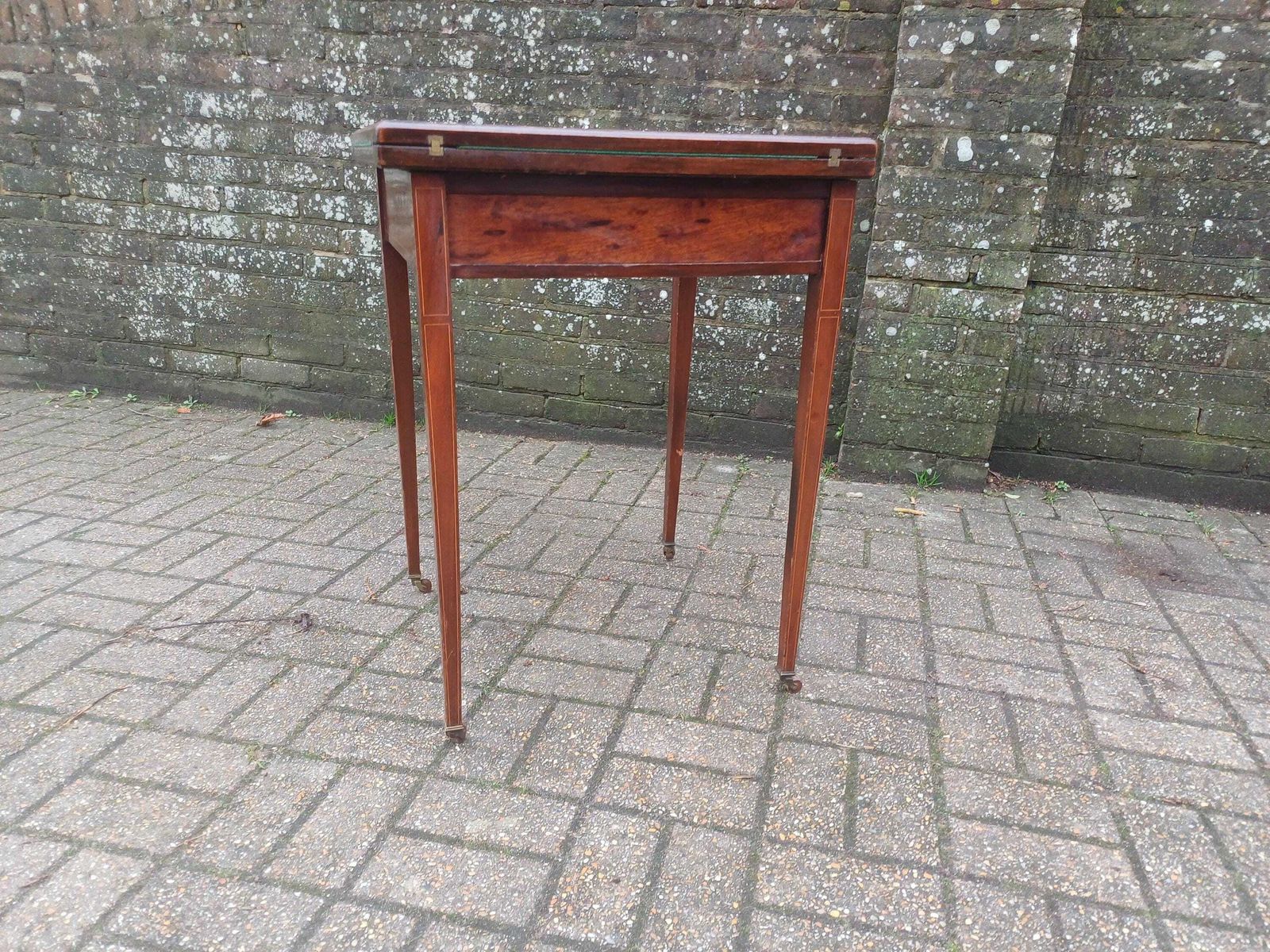 Victorian Mahogany Games Table Folding Swivel Top Card Table Ribbon Inlay Brass Porcelain Casters Antique Side Table Free Hand Delivery photo 595.0