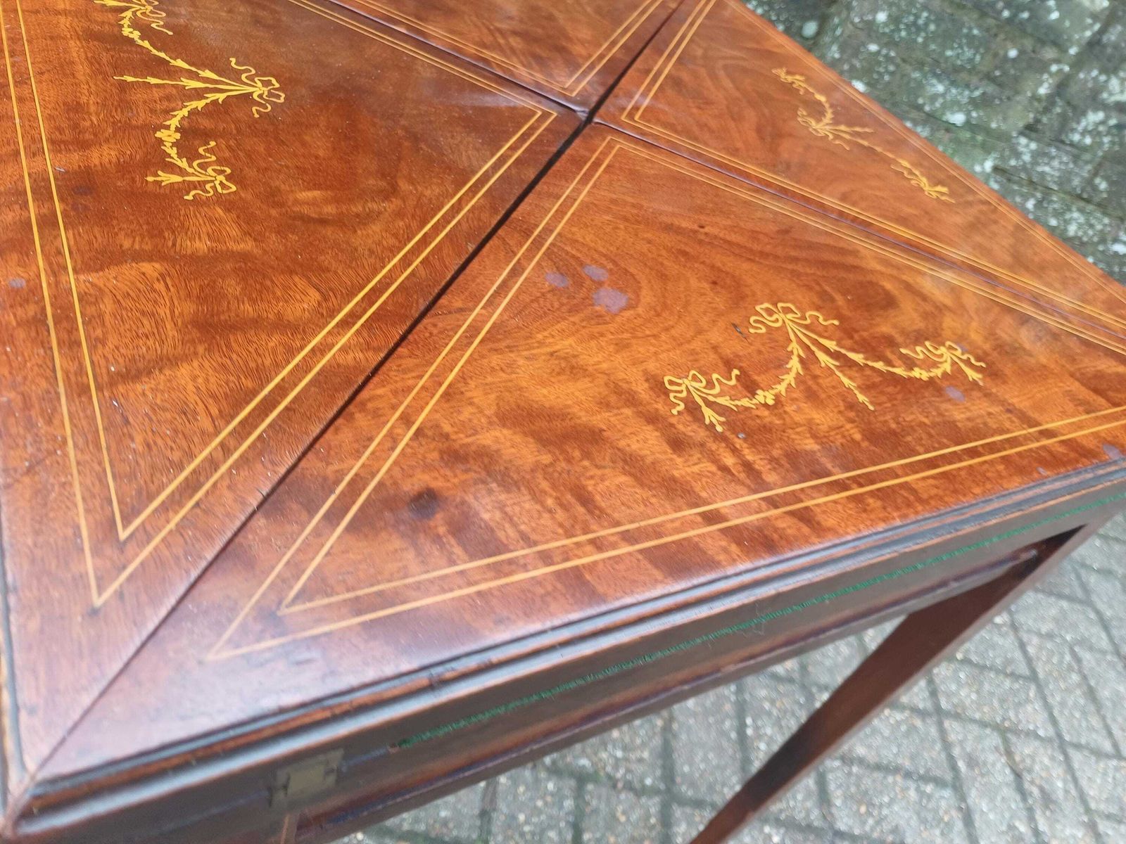 Furniture Victorian Mahogany Games Table Folding Swivel Top Card Table Ribbon Inlay Brass Porcelain Casters Antique Side Table Free Hand Delivery photo