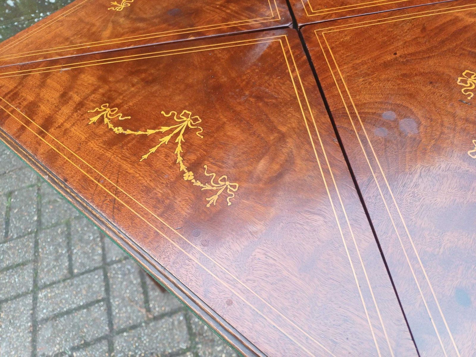 595.0 Victorian Mahogany Games Table Folding Swivel Top Card Table Ribbon Inlay Brass Porcelain Casters Antique Side Table Free Hand Delivery photo