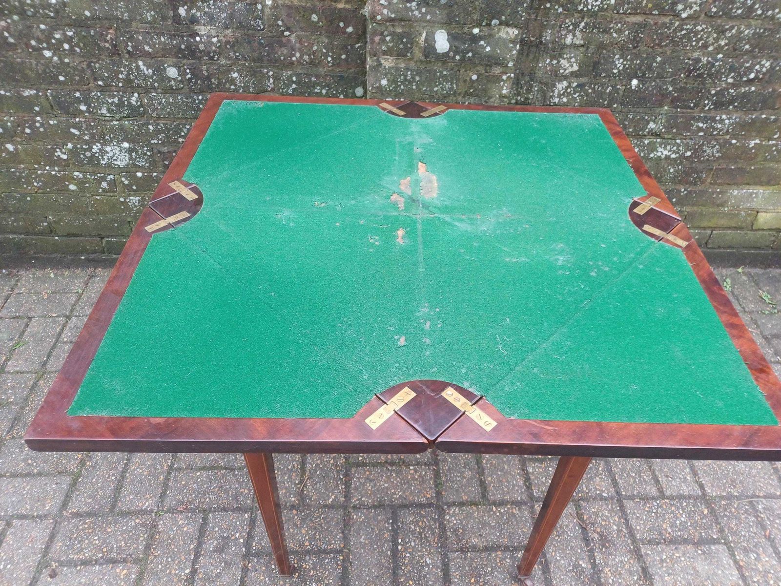 photo vinterior Victorian Mahogany Games Table Folding Swivel Top Card Table Ribbon Inlay Brass Porcelain Casters Antique Side Table Free Hand Delivery