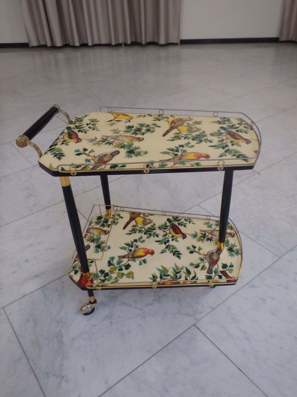 1950s Bar Cart On 3 Wheels With Beautiful Birds On The Shelf photo buy