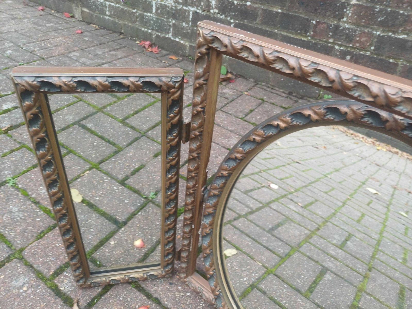 Vintage Triple Dressing Table Mirror With Ornate Frame, Folding Vanity Mirror, Antique Bronze Blue Finish Tabletop Mirror, Art Deco Style photo for sale