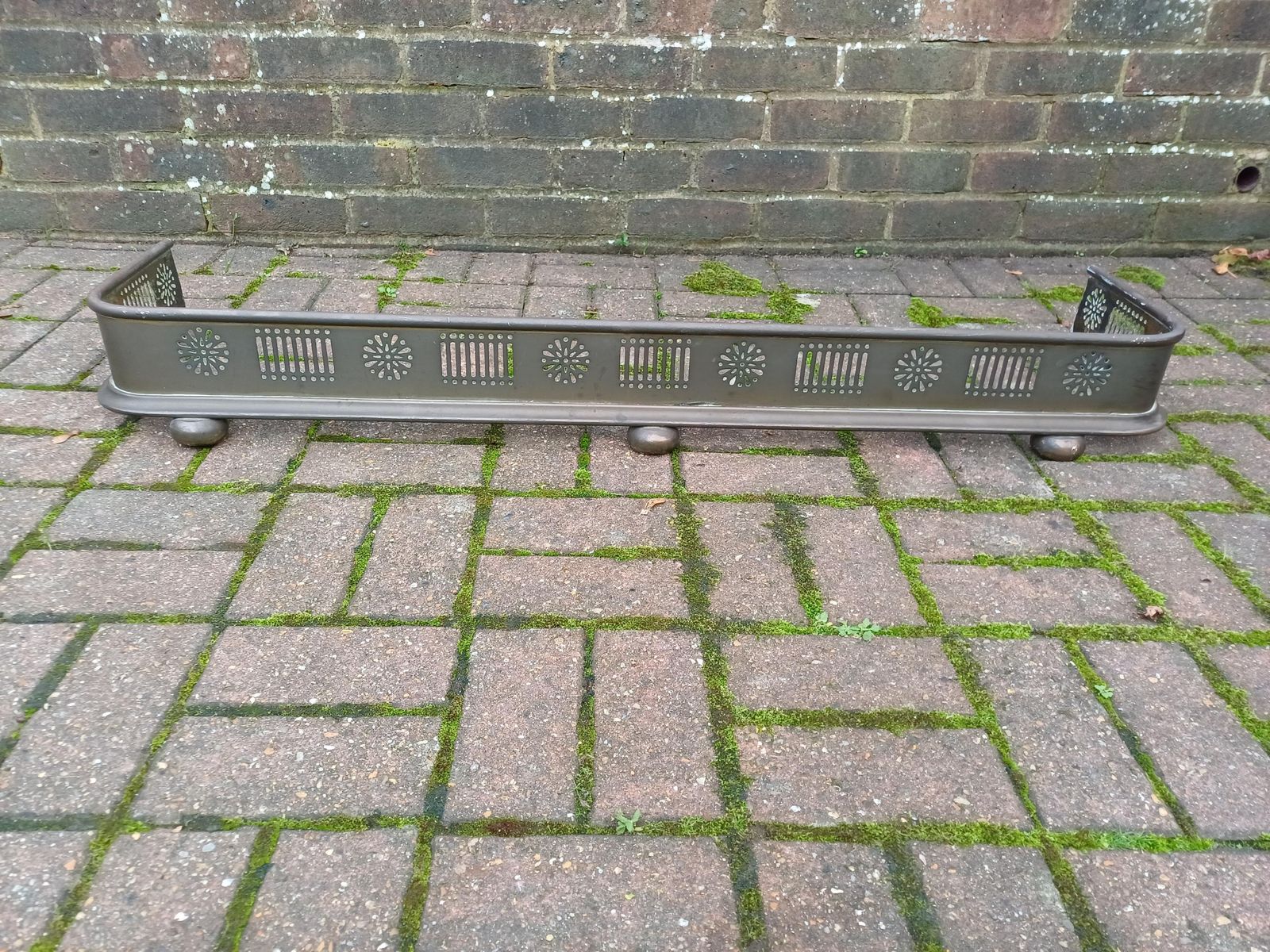 photo buy Antique Brass Fireplace Fender Bronze Finish Vintage Edwardian Pierced Metal Fire Surround Guard With Ball Feet C.1900