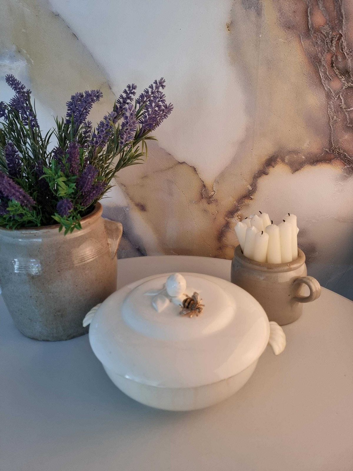 Antique Lidded Serving Casserole / Vegetable Dish In White   French Country Farmhouse Decor photo furniture