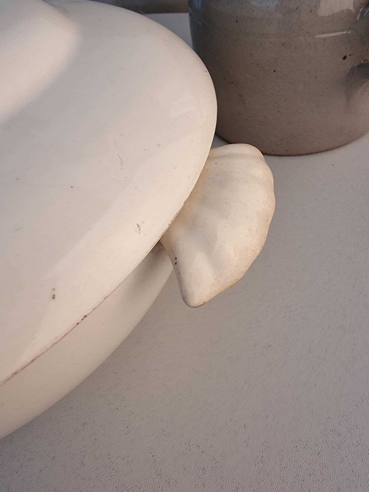 Antique Lidded Serving Casserole / Vegetable Dish In White   French Country Farmhouse Decor photo 155.51