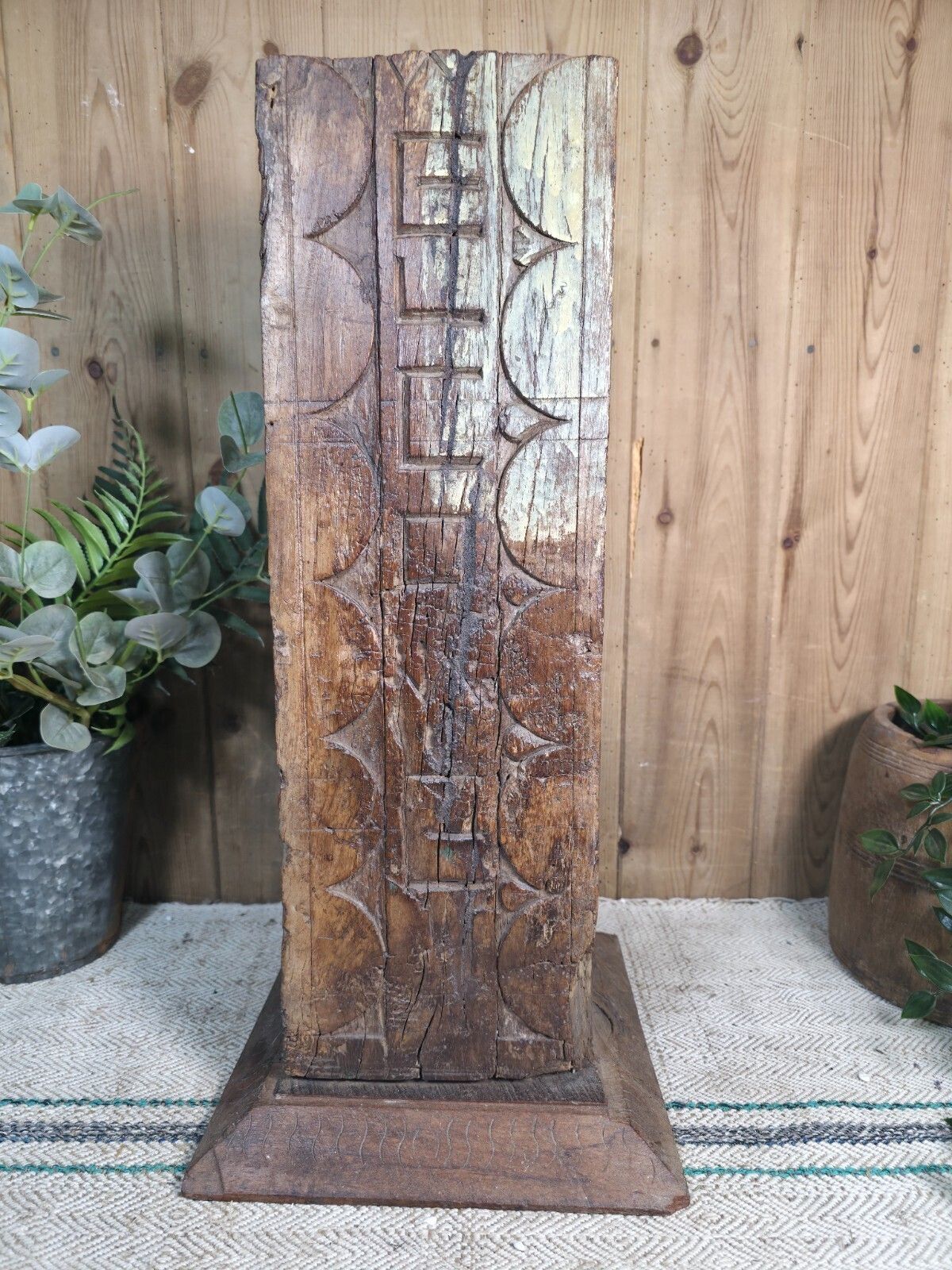 Large Vintage Reclaimed Carved Indian Solid Wooden Pillar Column Candle Holder photo furniture
