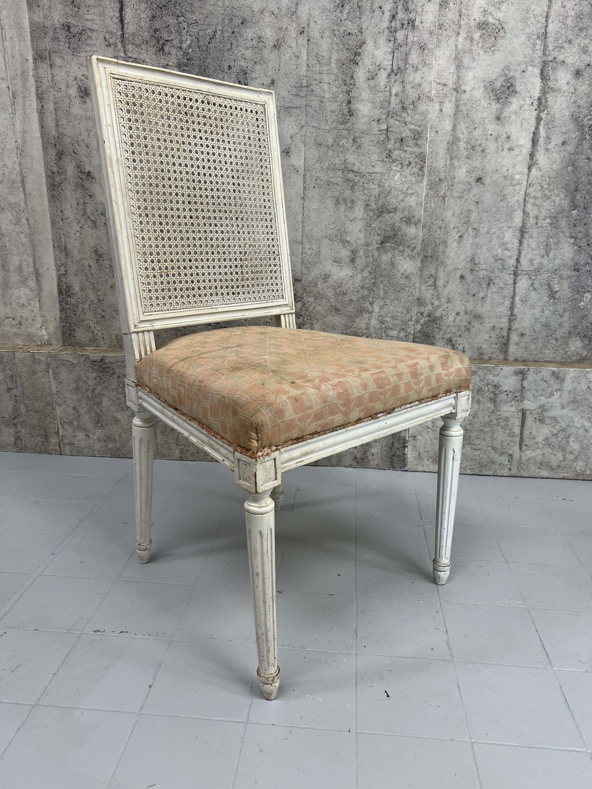 Set Of Four White Shabby Chic Cane Dining Chairs To Reupholster photo for sale