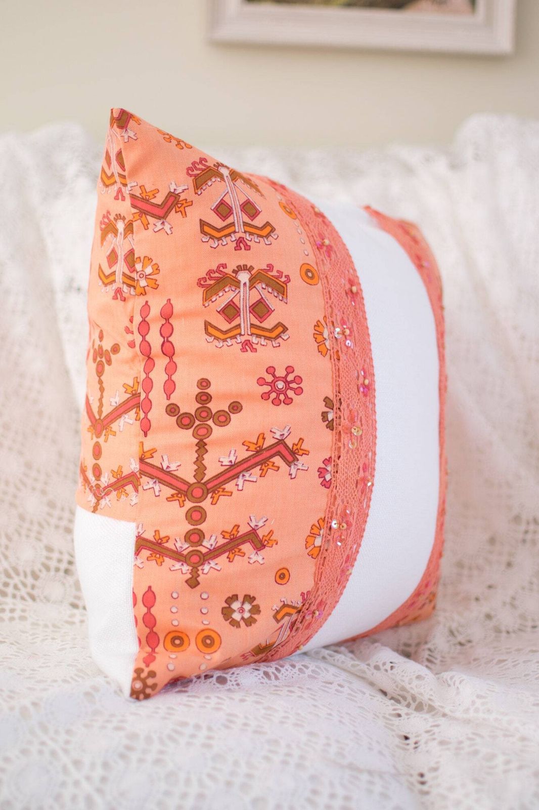 Pair Of Retro Cushions Peach Coral Pillows Cotton Lace Throw Pillows Unused Vintage Linen Pillow Cases 2 Ethnic Handmade Cushions photo furniture