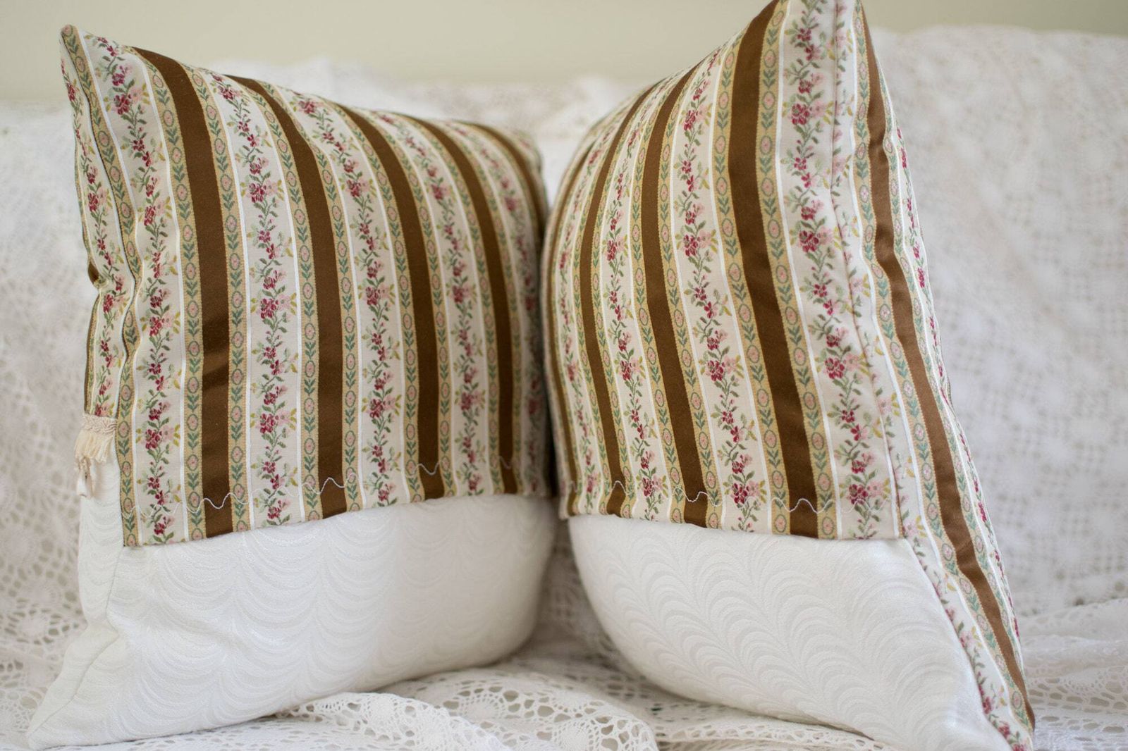 Pair Of Vintage Floral 1930's Brocade Cushions Pink Cream Brown Pillows Tassel Braid Throw Pillows Vintage Pillows 2 Floral Handmade Cushion photo Textiles