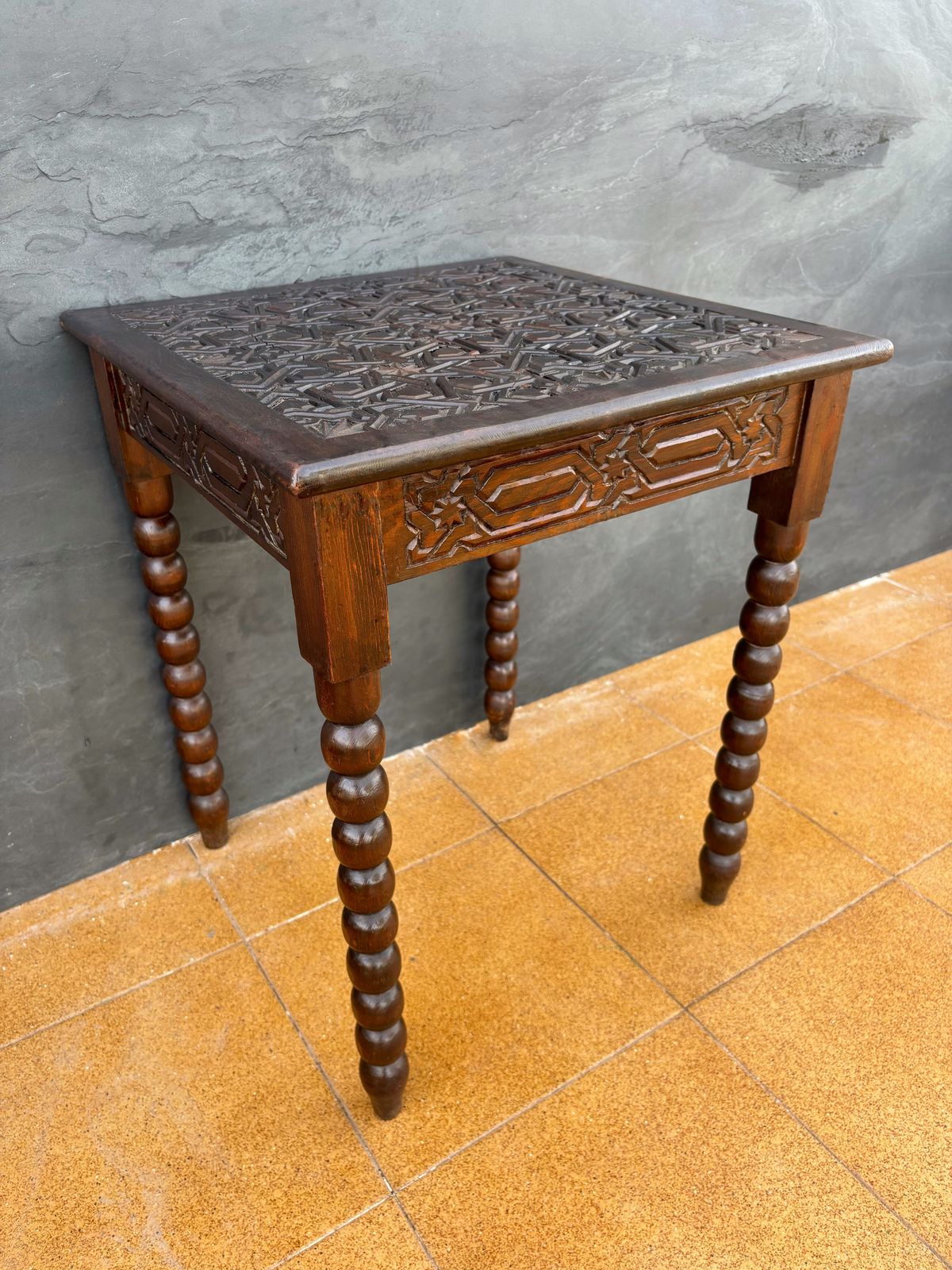 Spanish Barley Twist Side Table With Geometric Carved Top, 1930s photo Furniture