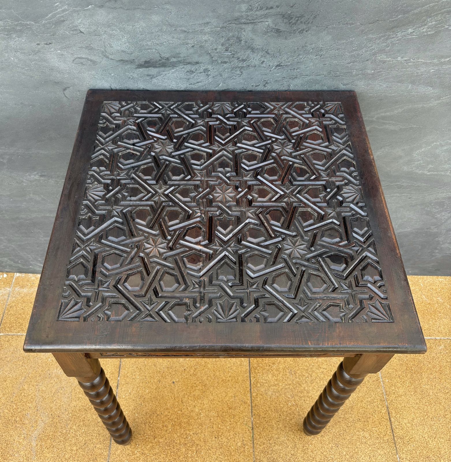 Spanish Barley Twist Side Table With Geometric Carved Top, 1930s photo vinterior