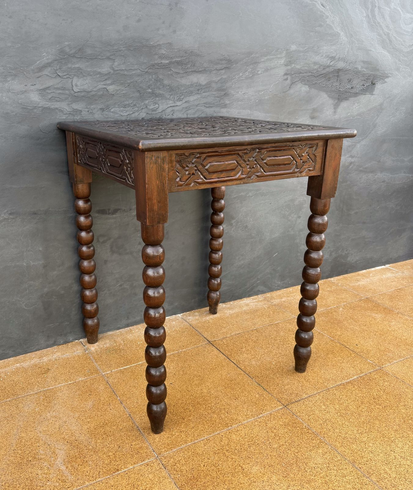 Spanish Barley Twist Side Table With Geometric Carved Top, 1930s photo vintage