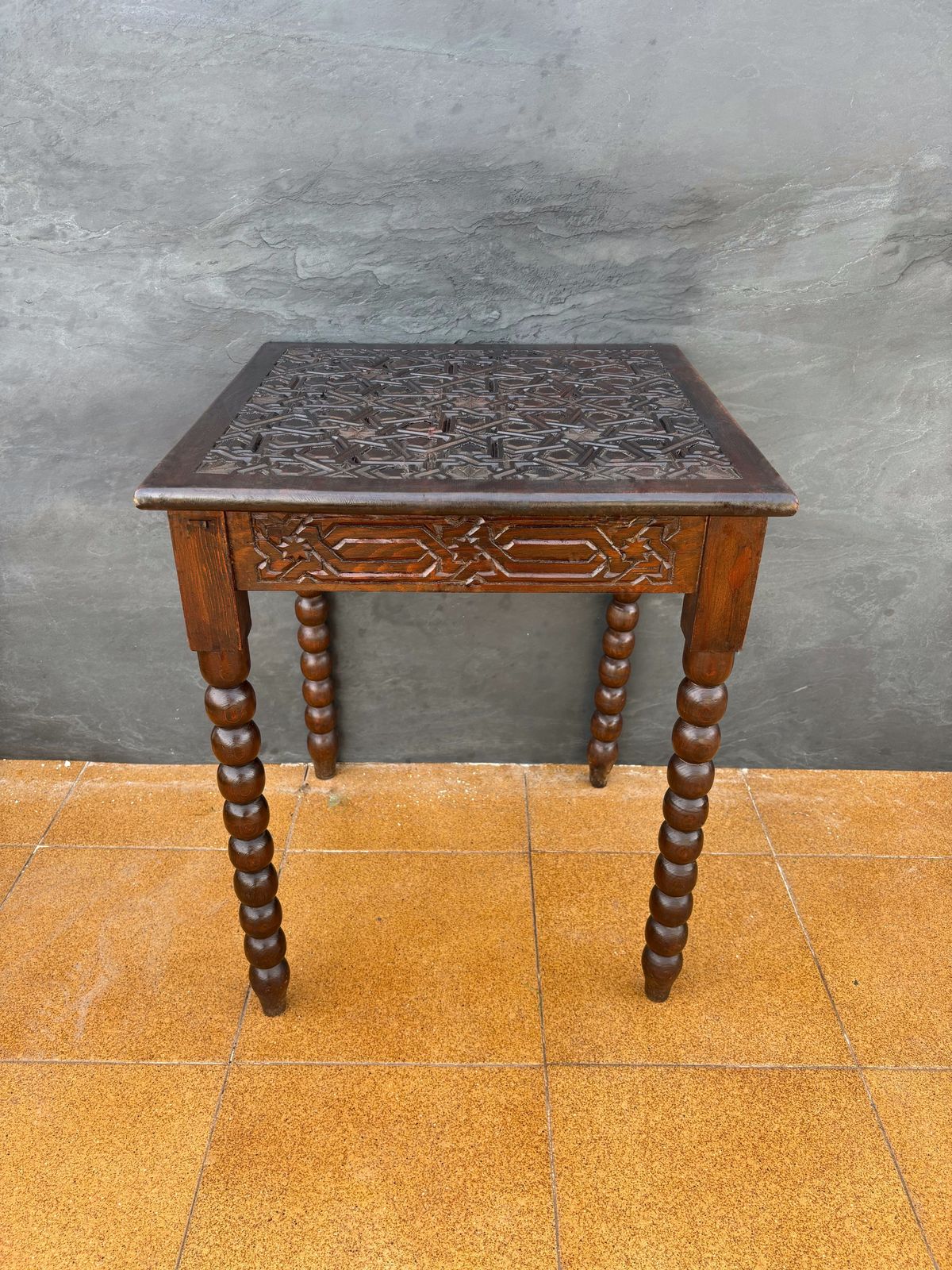photo furniture Spanish Barley Twist Side Table With Geometric Carved Top, 1930s