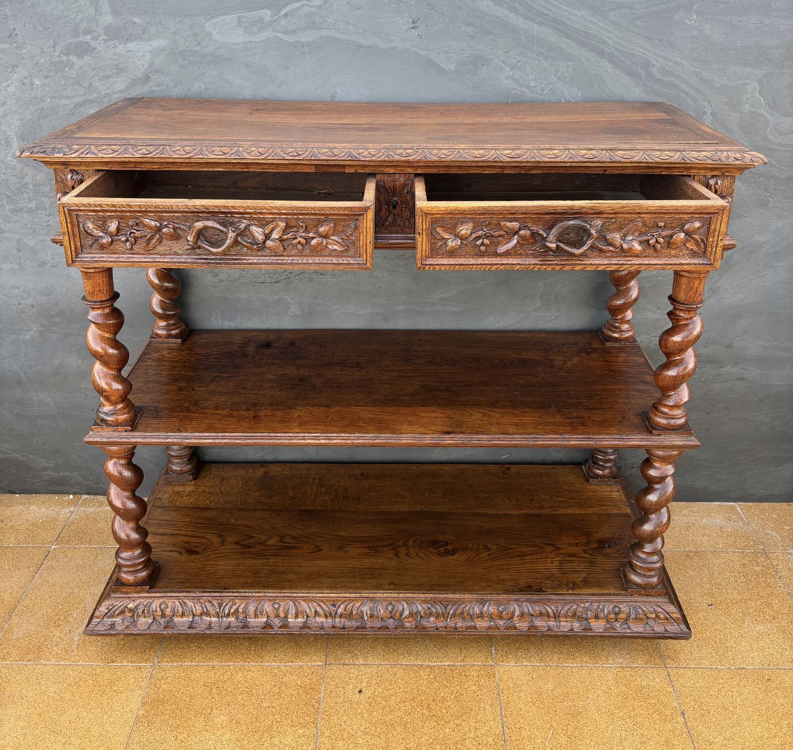 Carved Oak Barley Twist Console With Shelves, 1890s photo 3950.0
