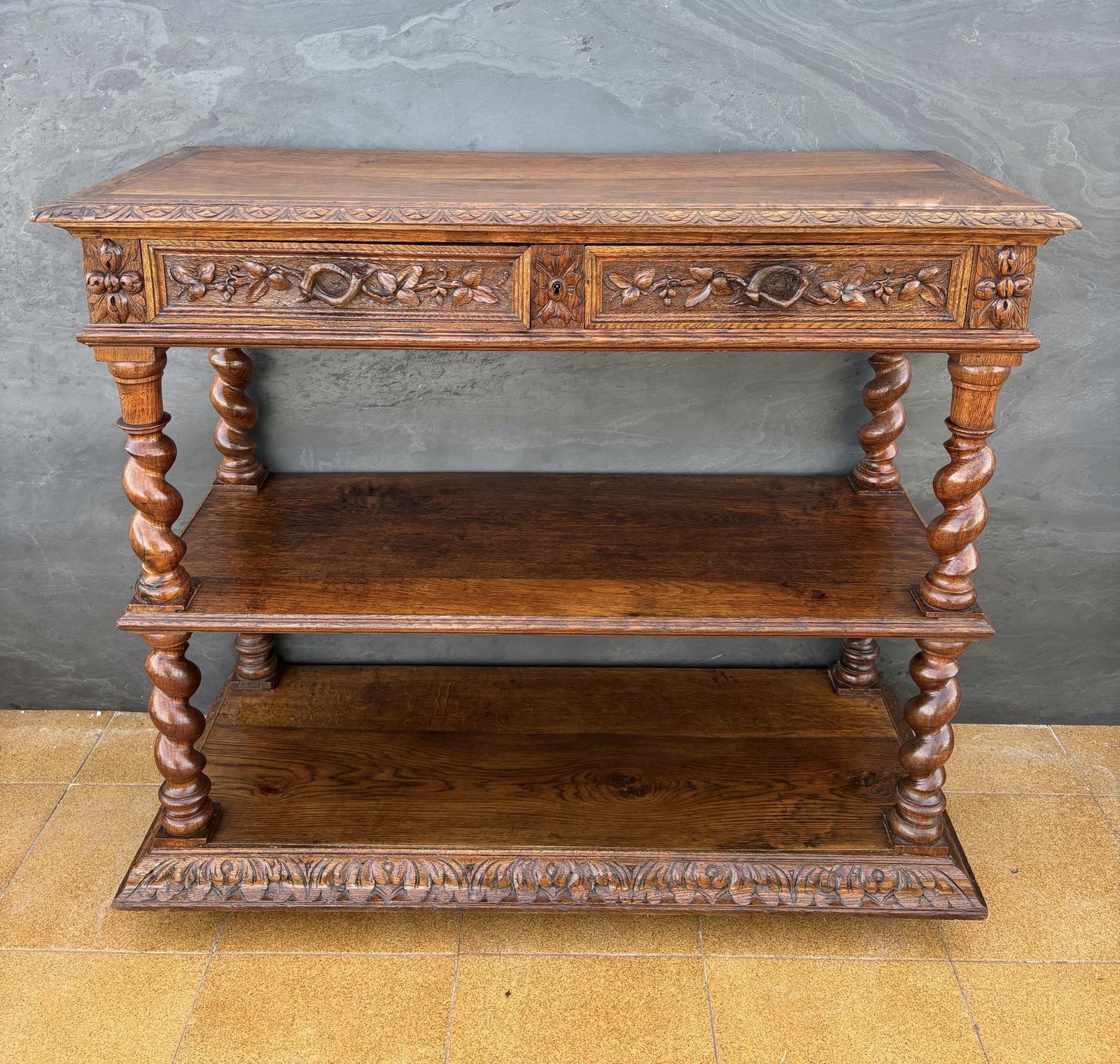 Carved Oak Barley Twist Console With Shelves, 1890s photo buy