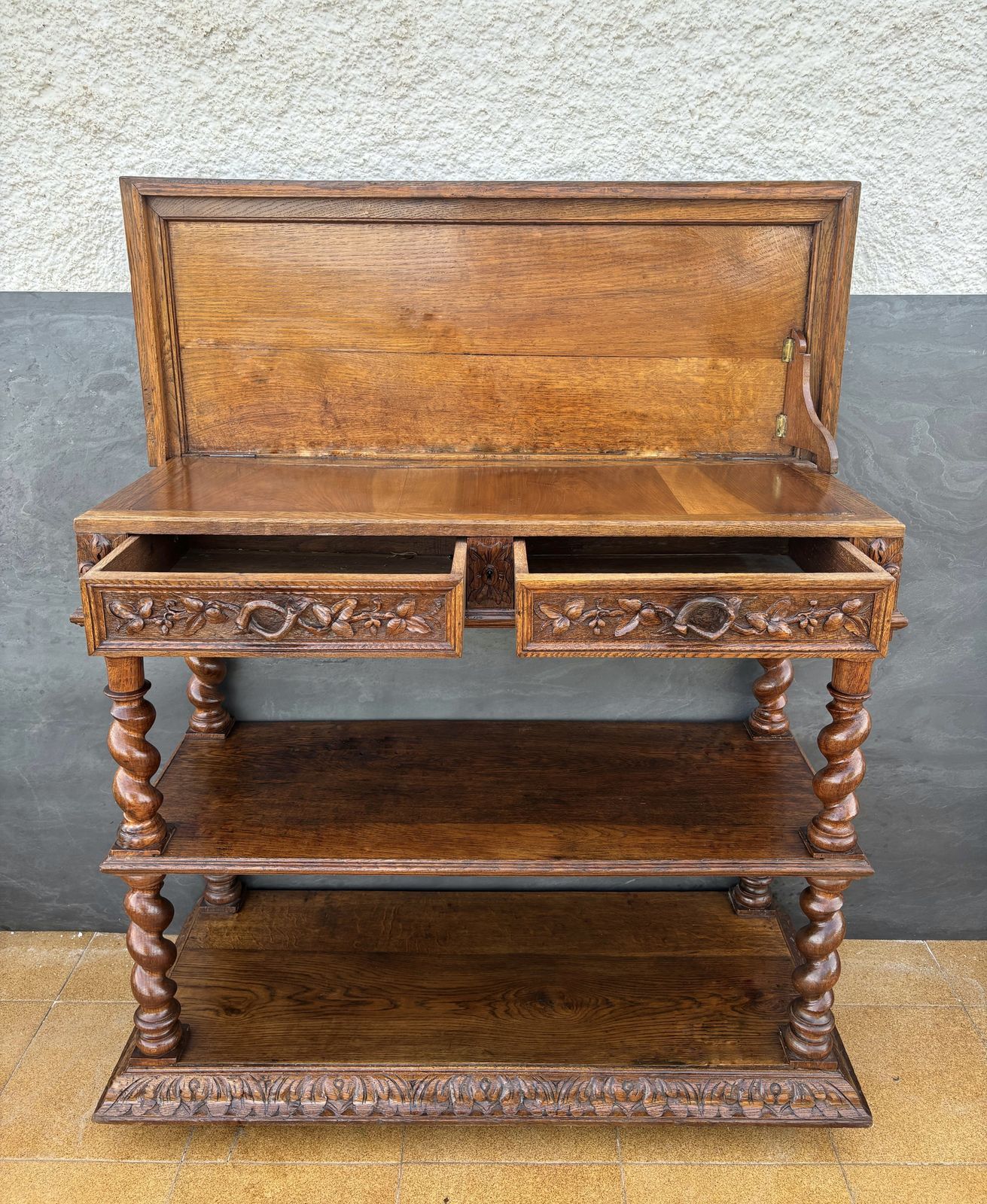 Furniture Carved Oak Barley Twist Console With Shelves, 1890s photo