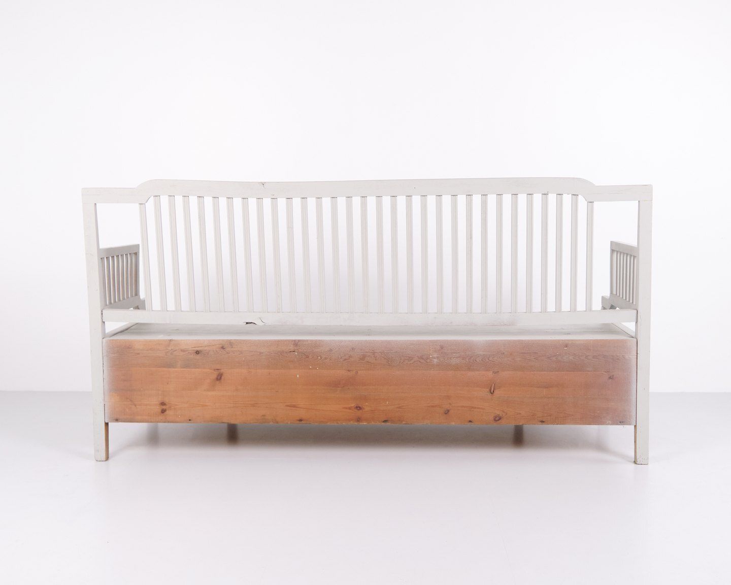 Antique Bench With High Back   Gray Painted   Pine Wood   Storage   Year 1860s photo Furniture