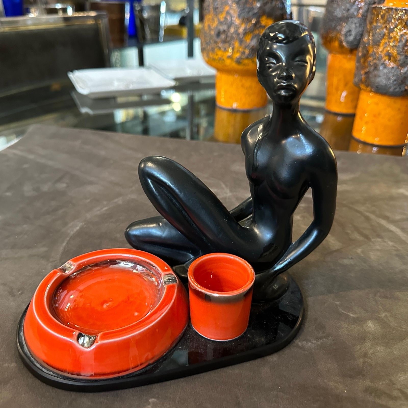 1950s Mid Century Modern Ceramic And Black Glass Italian Smoking Set photo furniture