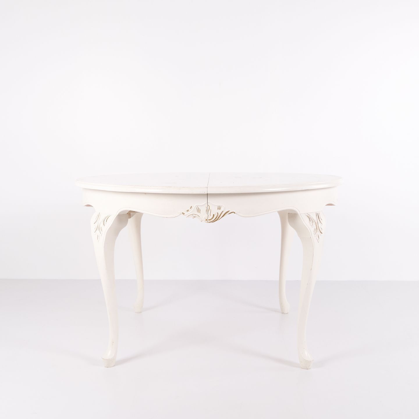 Antique Round Dining Table With Extension   New Rococo Style   White Painted With Decorative Details   Year 1920s