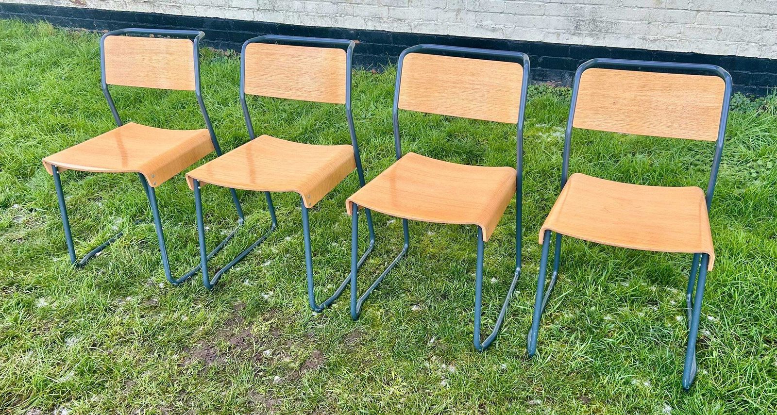4 Available Very Good & Proper Canteen Stacking Chairs Vintage Industrial Wooden Kitchen Dining Seating School Grey photo buy