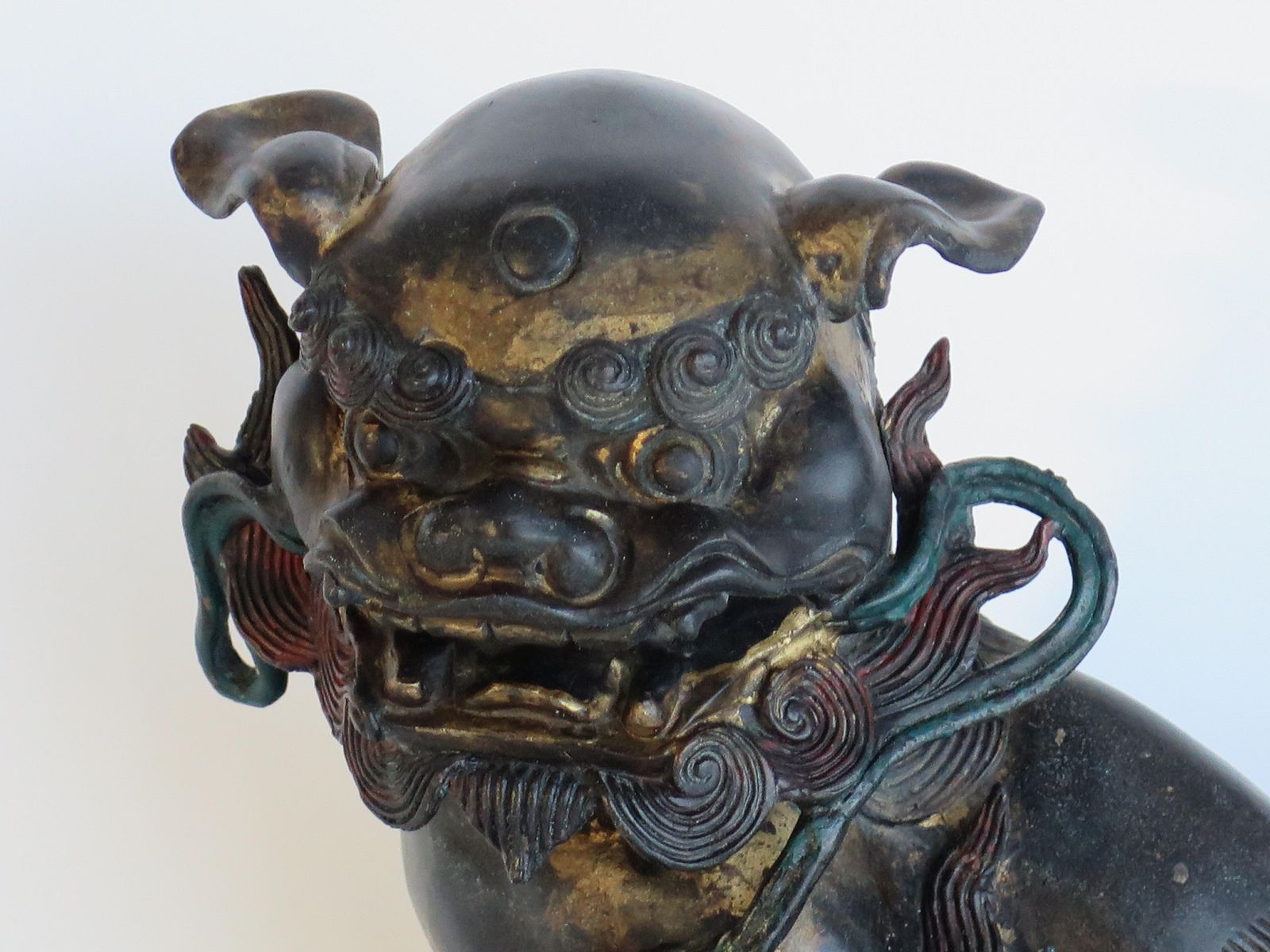 Antique Pair Large Chinese Bronze Foo Dogs Fine Detail Gilded & Enamelled, Qing 19th C photo 3750.0