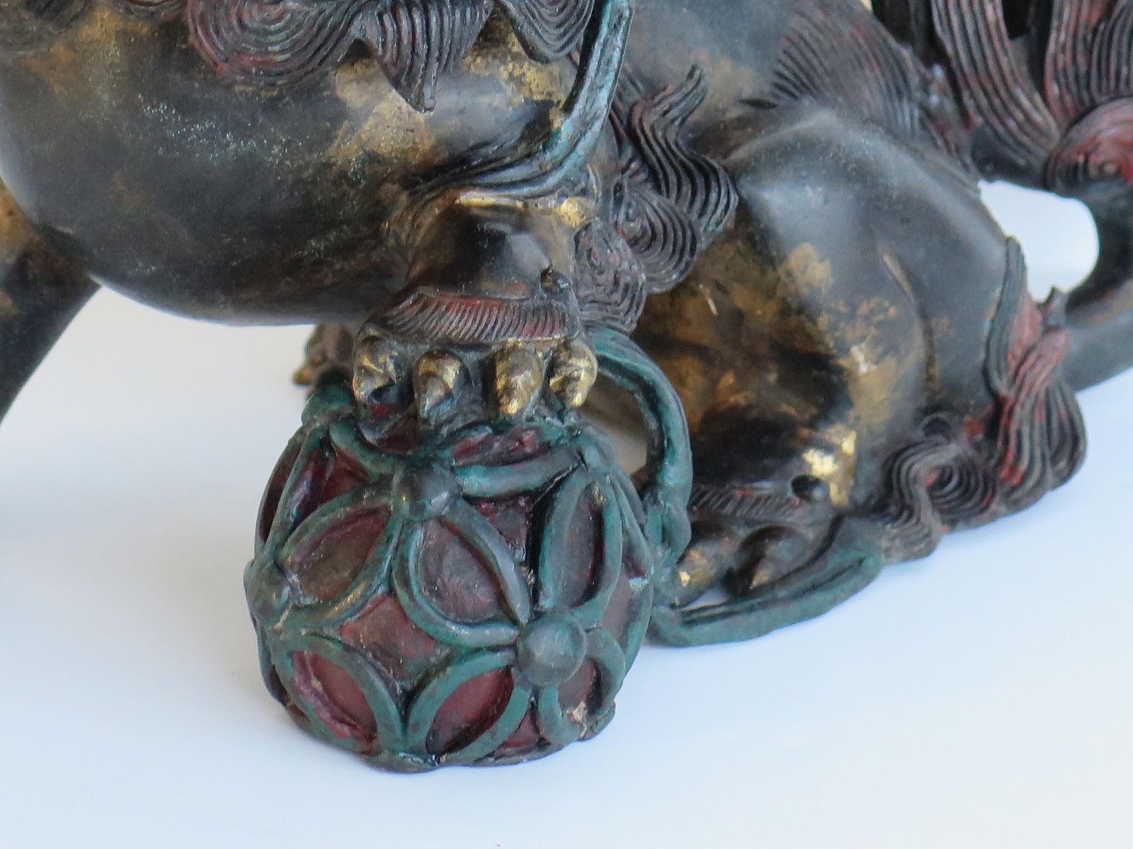 Art Antique Pair Large Chinese Bronze Foo Dogs Fine Detail Gilded & Enamelled, Qing 19th C photo