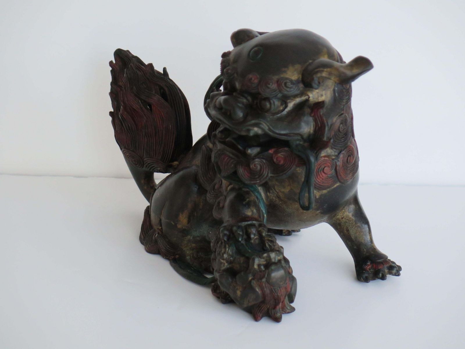 3750.0 Antique Pair Large Chinese Bronze Foo Dogs Fine Detail Gilded & Enamelled, Qing 19th C photo