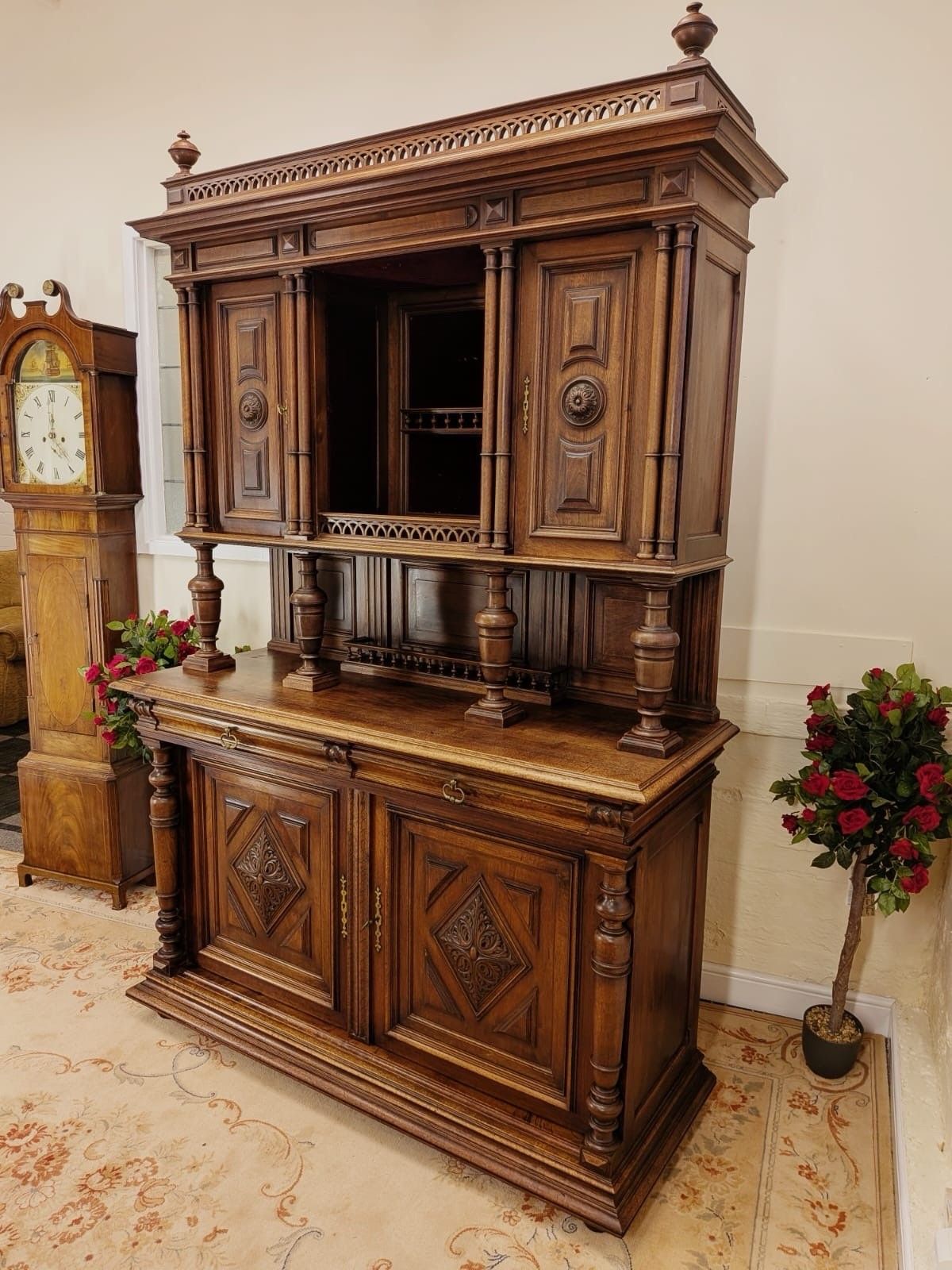 Victorian Josselin French Carved Walnut Double Buffet Hunting Cabinet Circa 1880 photo for sale