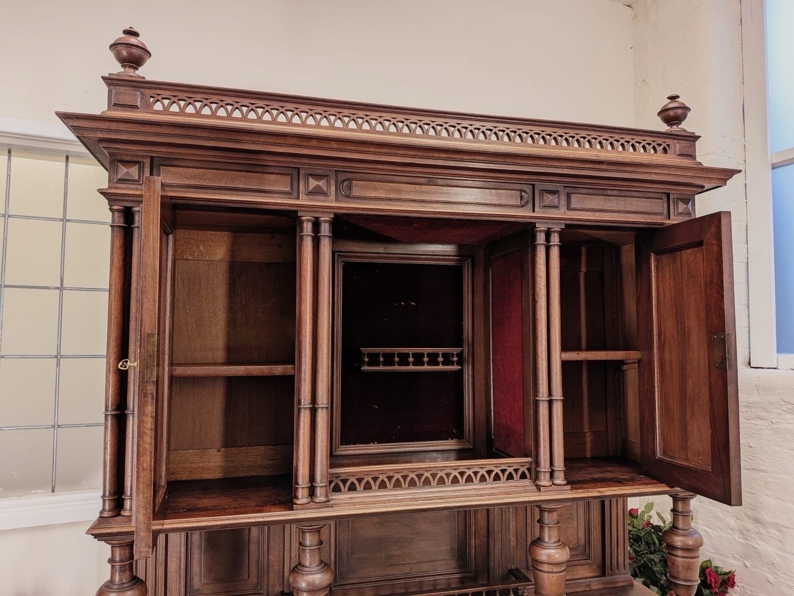 Victorian Josselin French Carved Walnut Double Buffet Hunting Cabinet Circa 1880 photo vintage