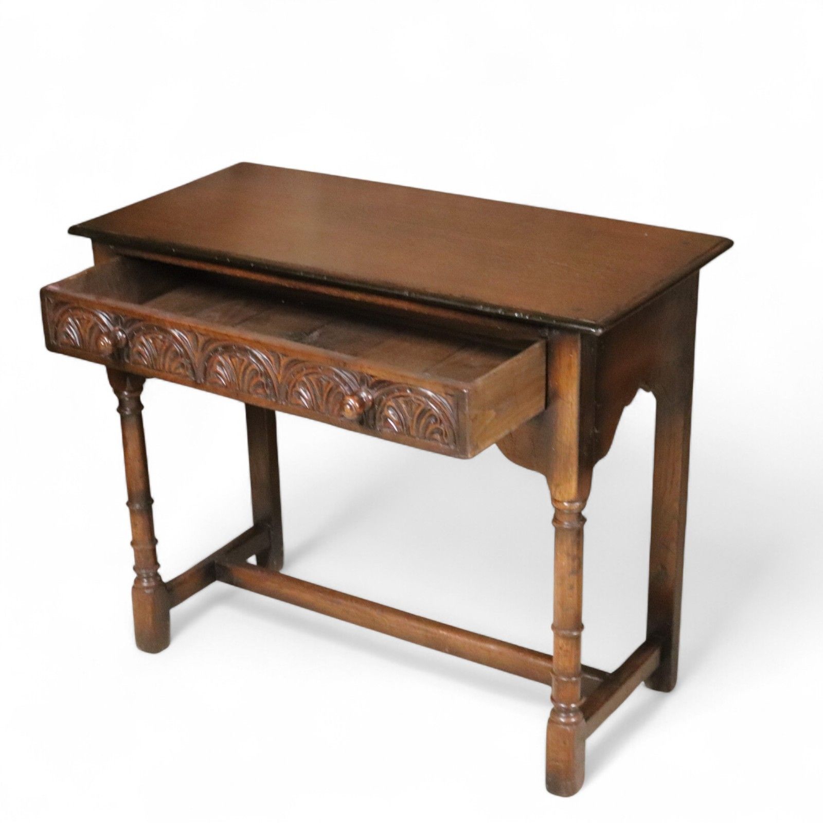 Early 20th Century Carved Oak Hall Table Bobbin Turned Tudor Style Antique Table photo furniture