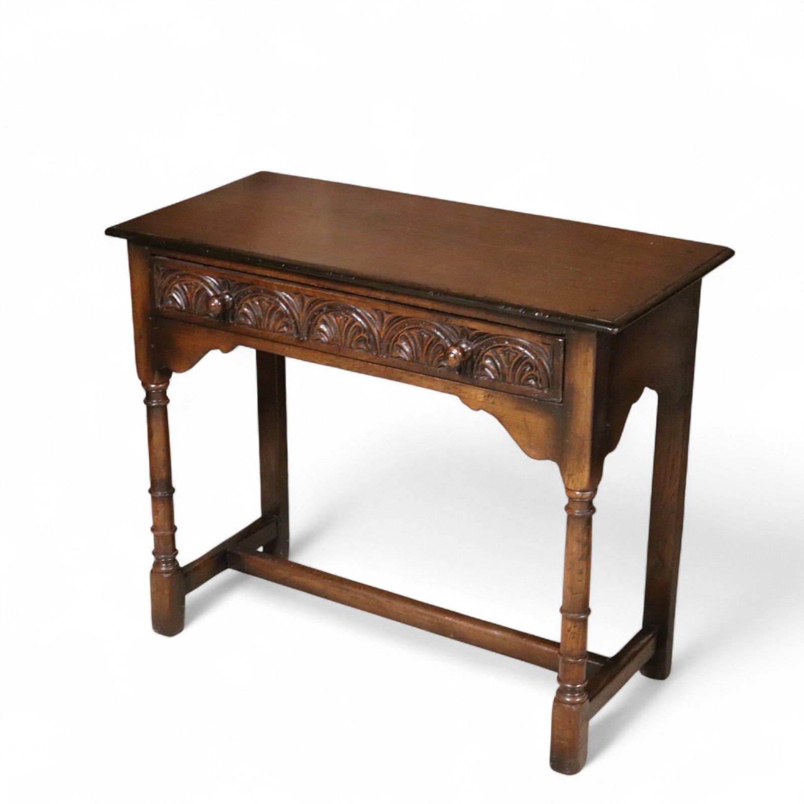 photo vintage Early 20th Century Carved Oak Hall Table Bobbin Turned Tudor Style Antique Table