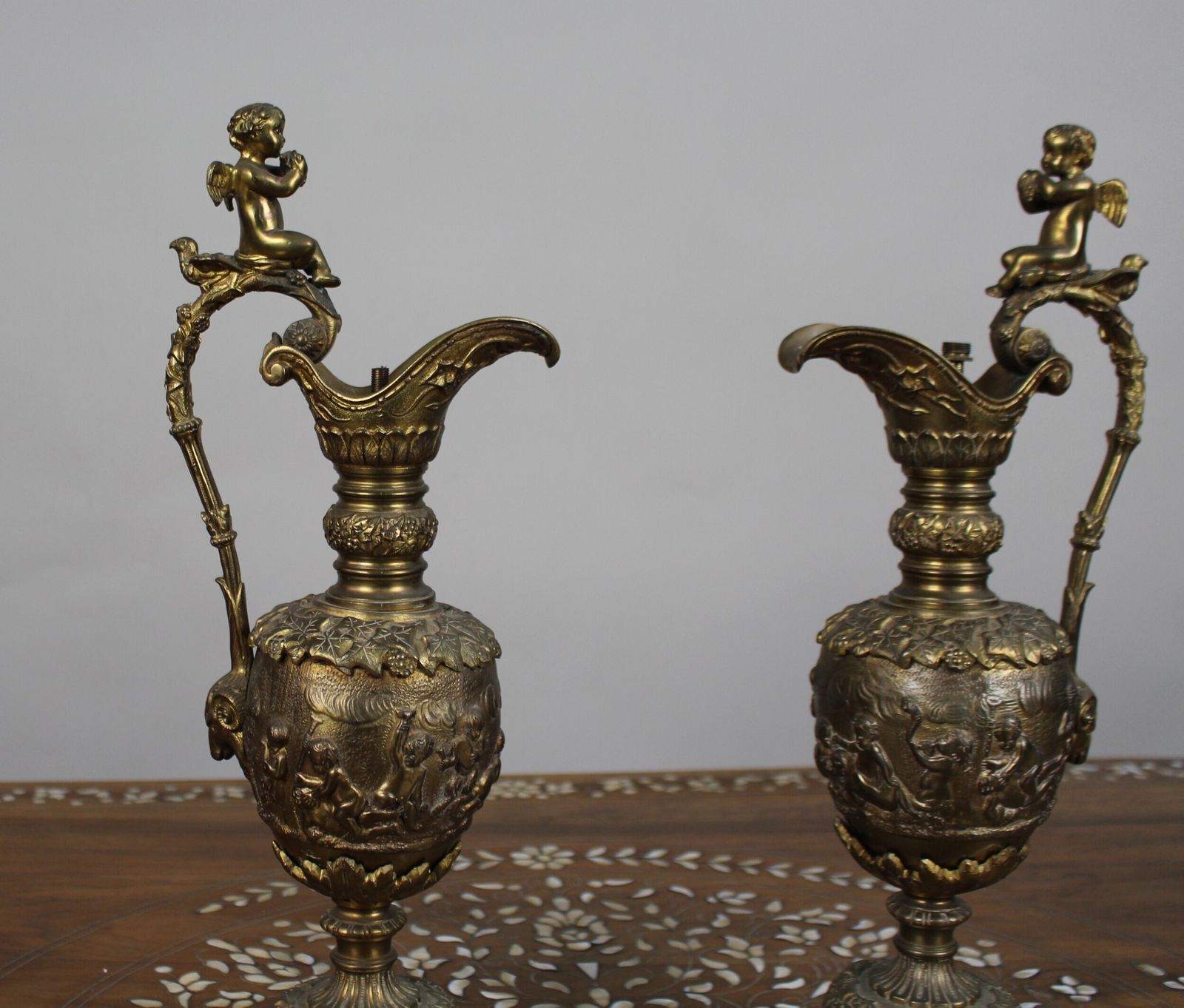 Pair Of 19th Century French Gilt Bronze Bacchanalian Ewers With Cherubs photo furniture
