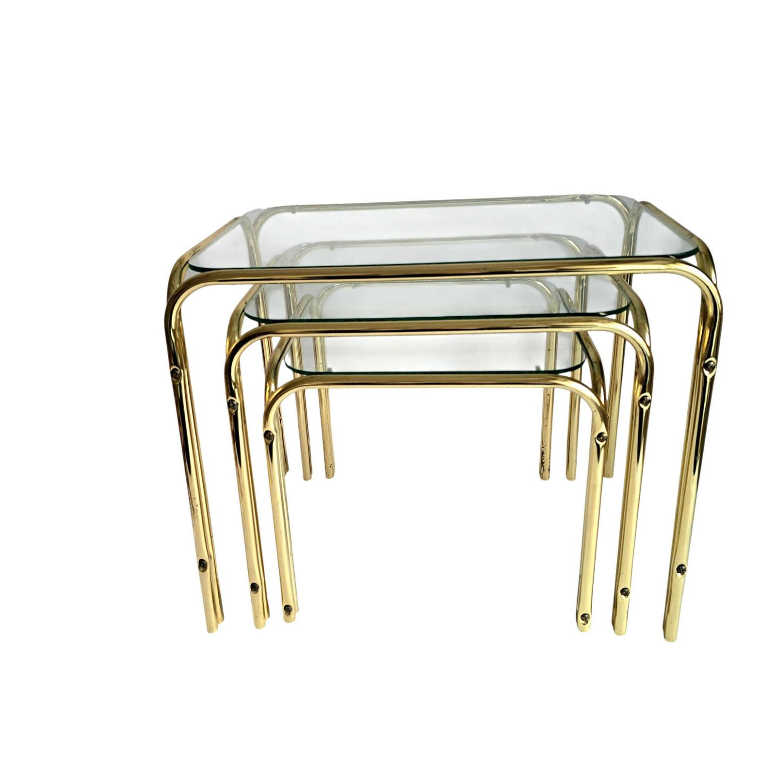Vintage Mid Century Modern Brass And Glass Nesting Table Set Of 3 photo vinterior