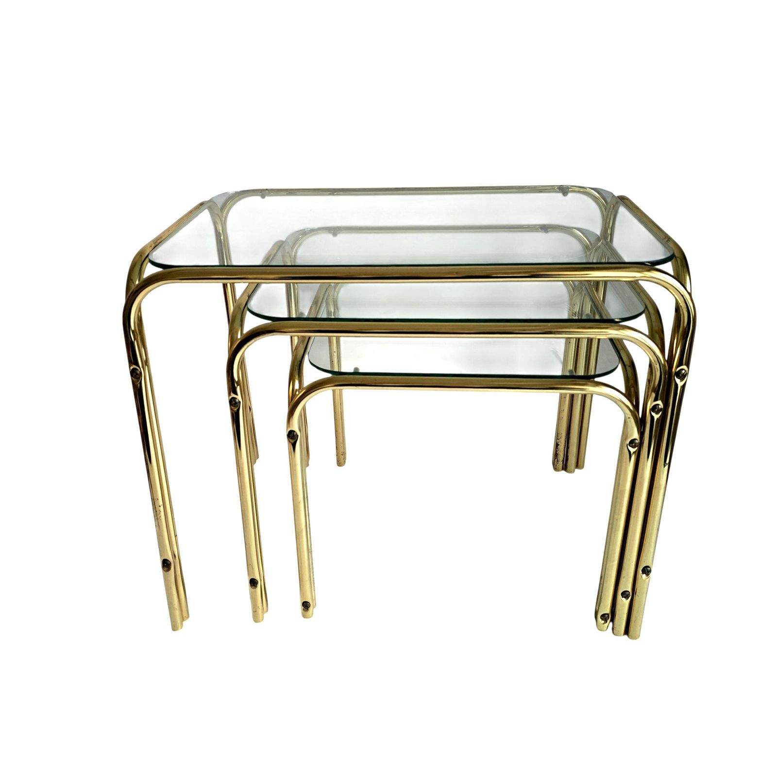 Vintage Mid Century Modern Brass And Glass Nesting Table Set Of 3 photo buy