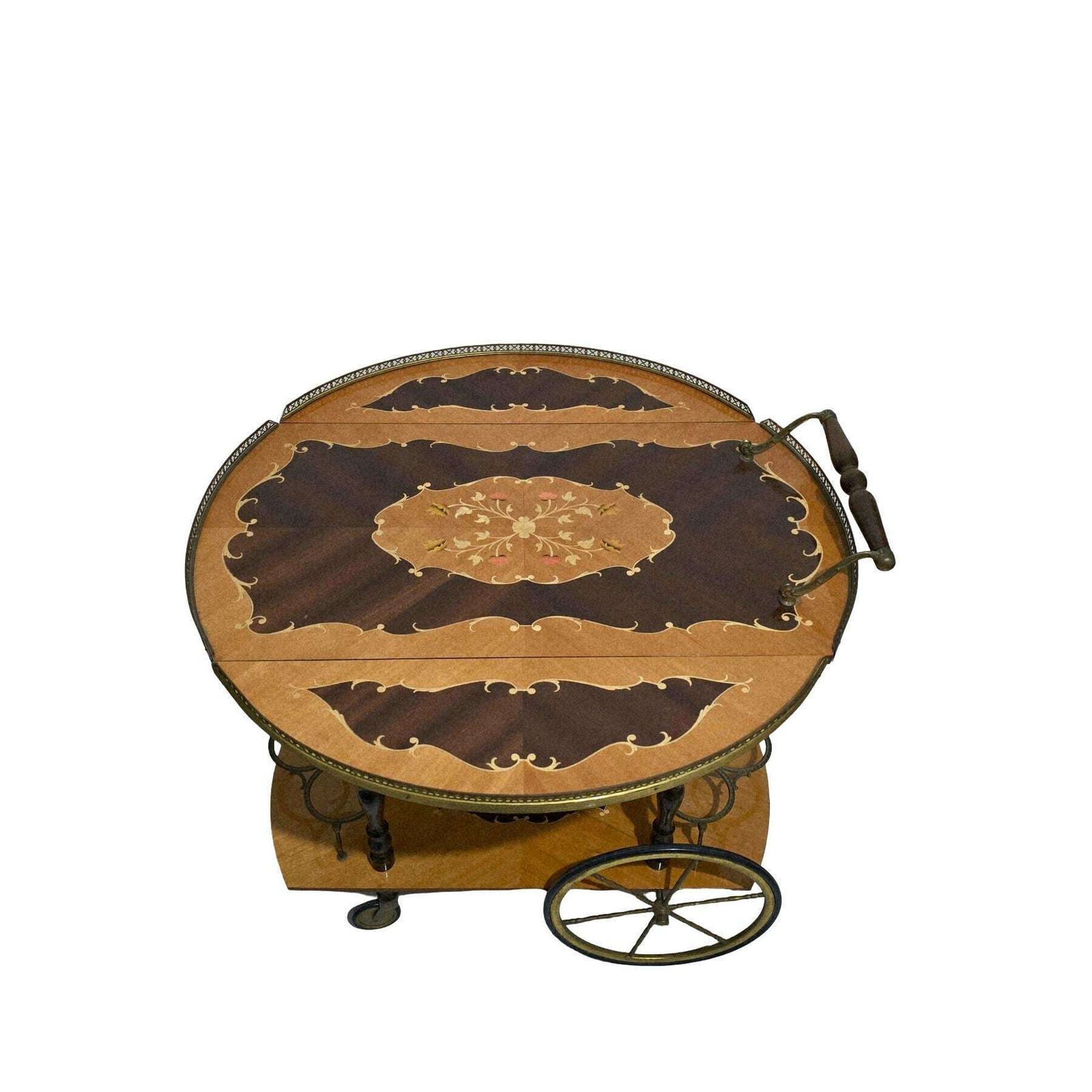 Vintage Mid Century Modern Italian Marquetry Wood Bar Cart With Folding Top photo vintage