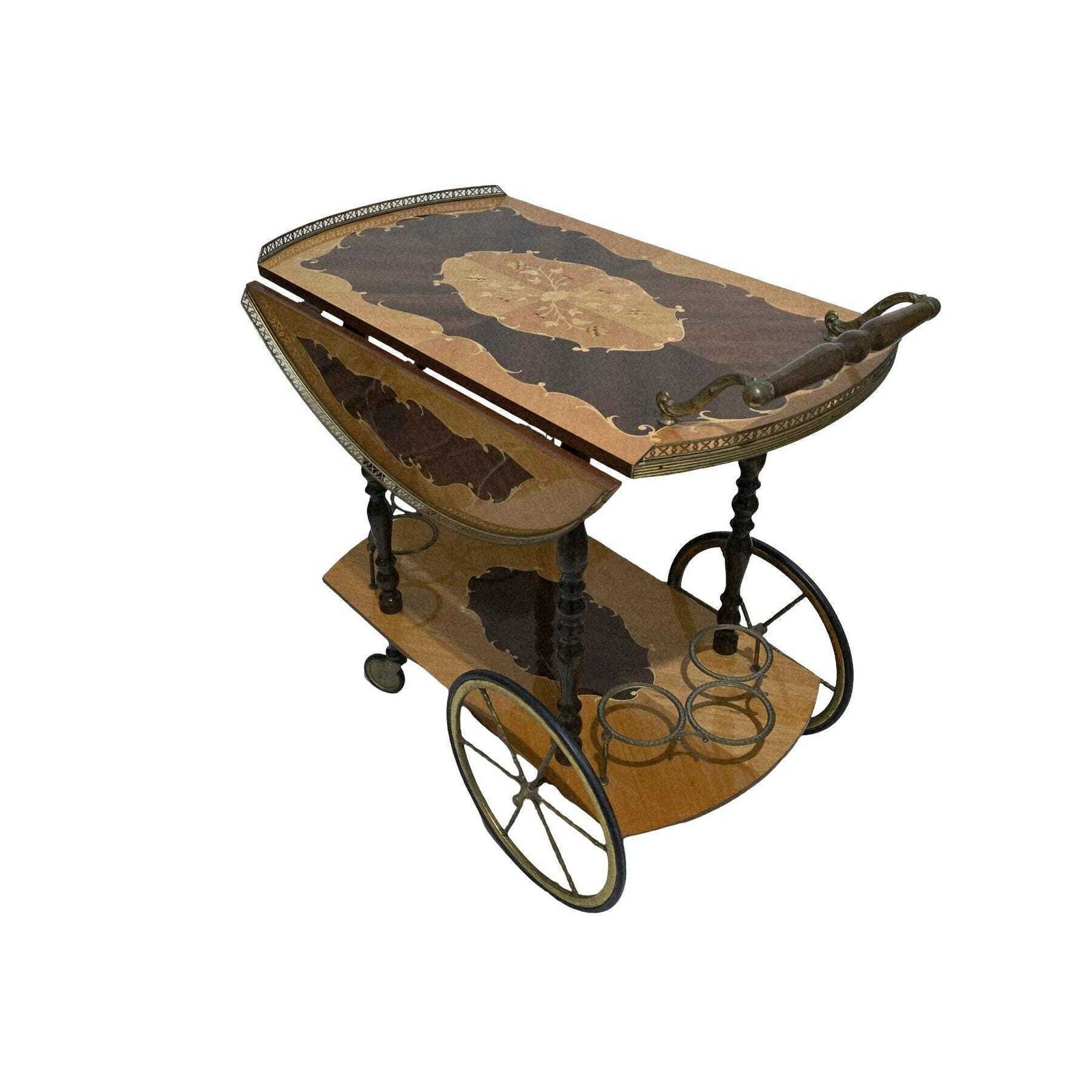 photo buy Vintage Mid Century Modern Italian Marquetry Wood Bar Cart With Folding Top
