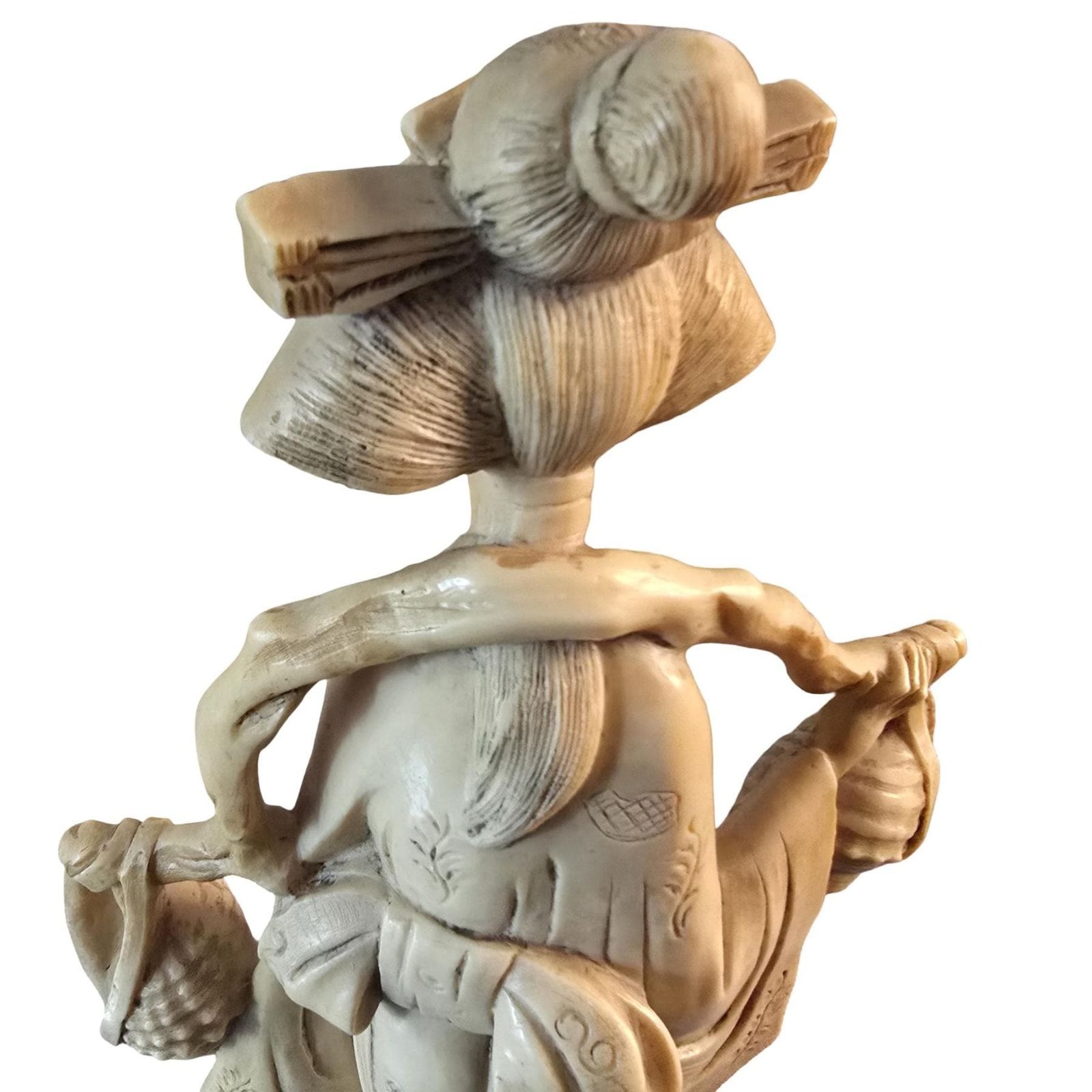 Vintage Asian Geisha Figurine, Resin Marble Dust, Carved Wood Stand photo vintage