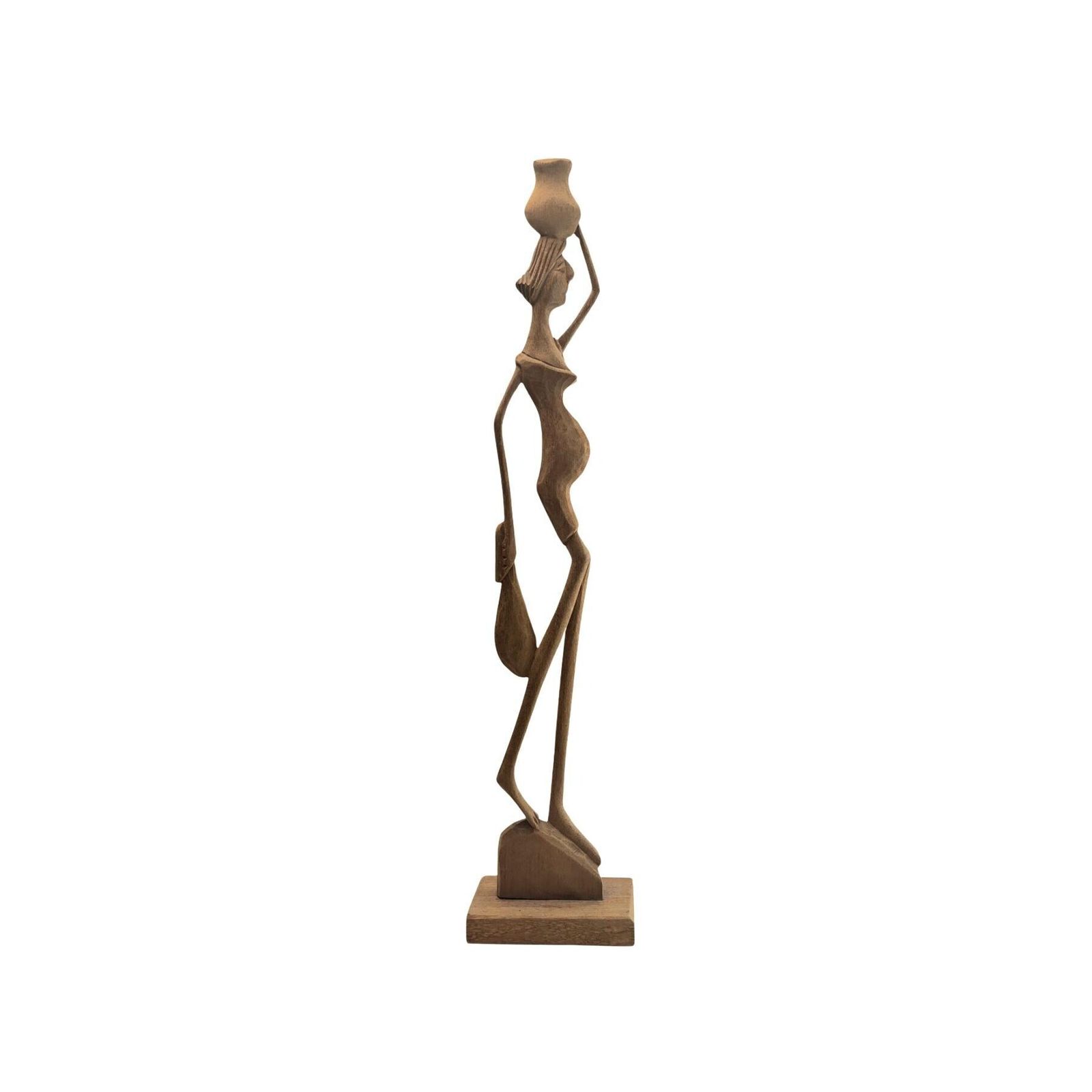 Vintage 55cm African Wooden Carved Figurine Of A Woman With A Jug On Her Head photo vinterior