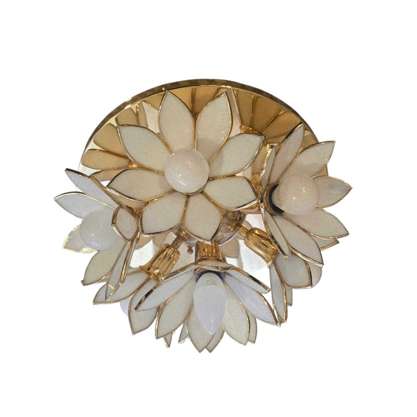 Vintage Hollywood Regency Ceiling Light With White Glass Petals, Gold Brass Frame