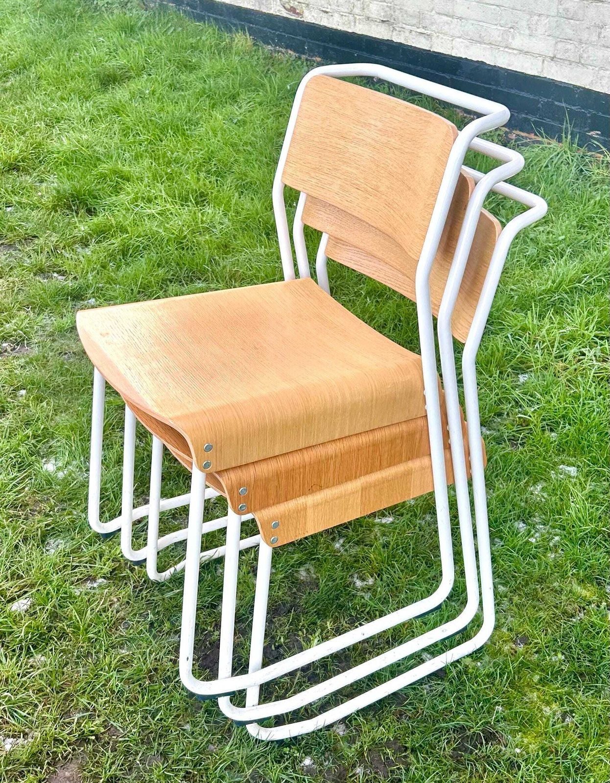 3 Available Very Good & Proper Canteen Stacking Chairs Vintage Industrial Wooden Kitchen Dining Seating School White photo for sale
