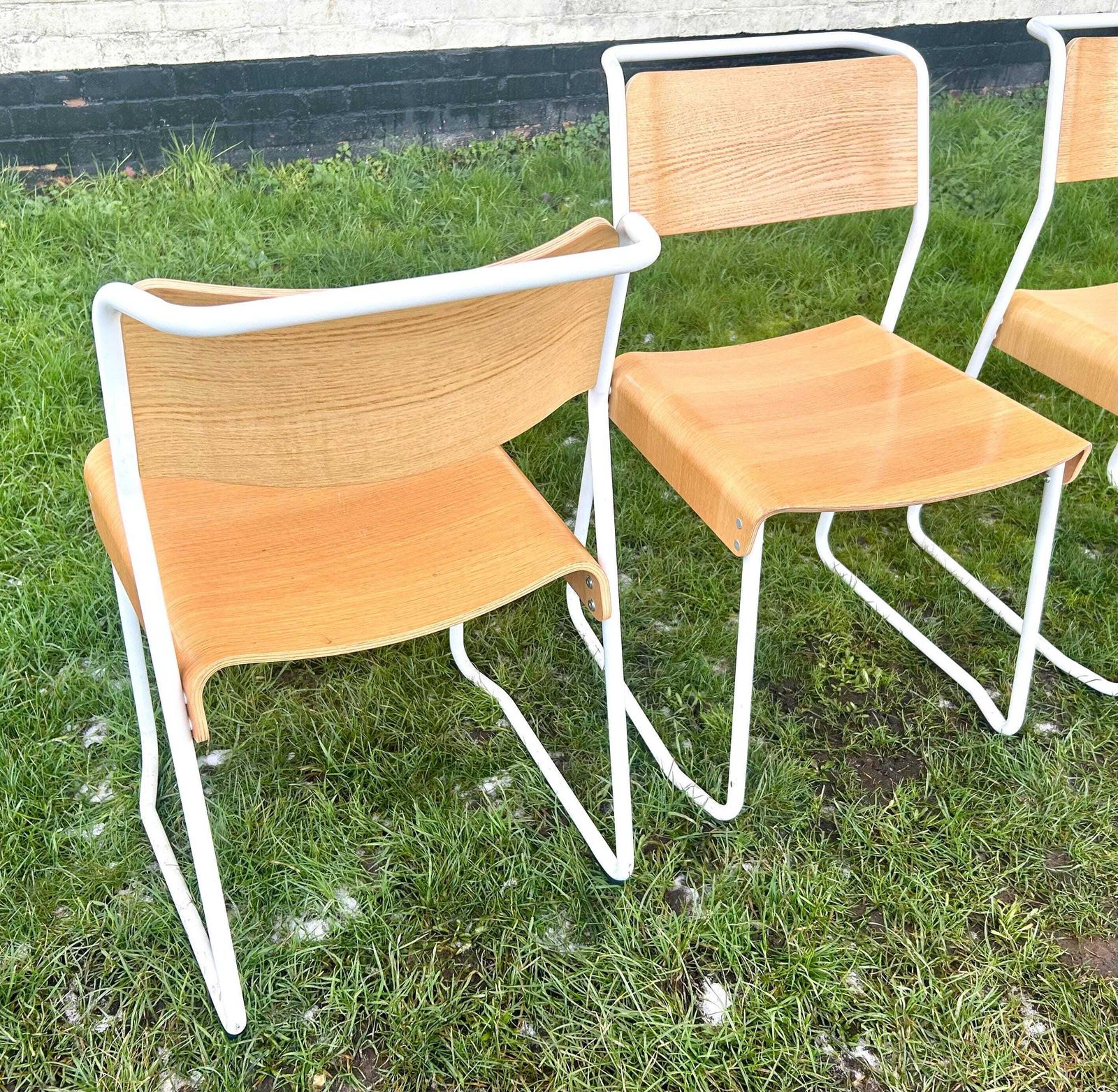 3 Available Very Good & Proper Canteen Stacking Chairs Vintage Industrial Wooden Kitchen Dining Seating School White photo 90.0
