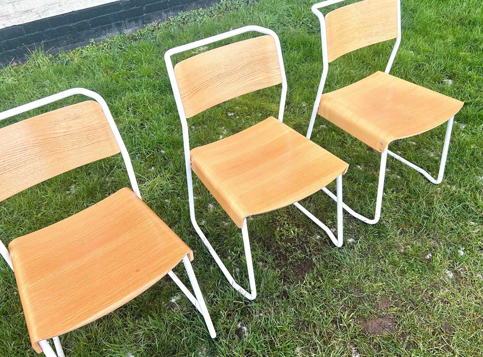 3 Available Very Good & Proper Canteen Stacking Chairs Vintage Industrial Wooden Kitchen Dining Seating School White photo vinterior