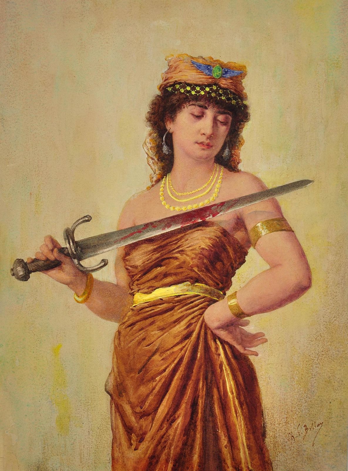 Charles Bellay 1826 To 1900. French. Salome With Bloodied Sword. Framed 1860s French Orientalist Tradition Watercolour Painting. photo furniture